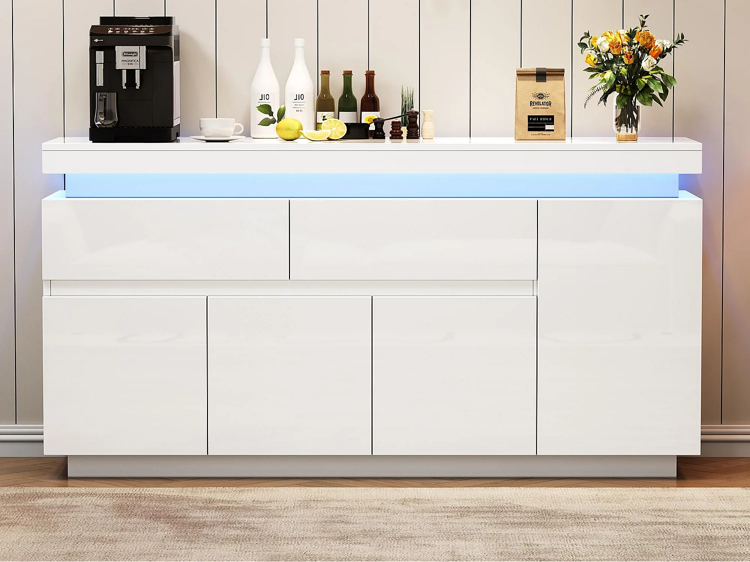 Kredens 140x35x72,5 cm - 2 szuflady i 4 drzwi - oświetlenie LED - płyta wiórowa - biały 4831832 - obrazek 1