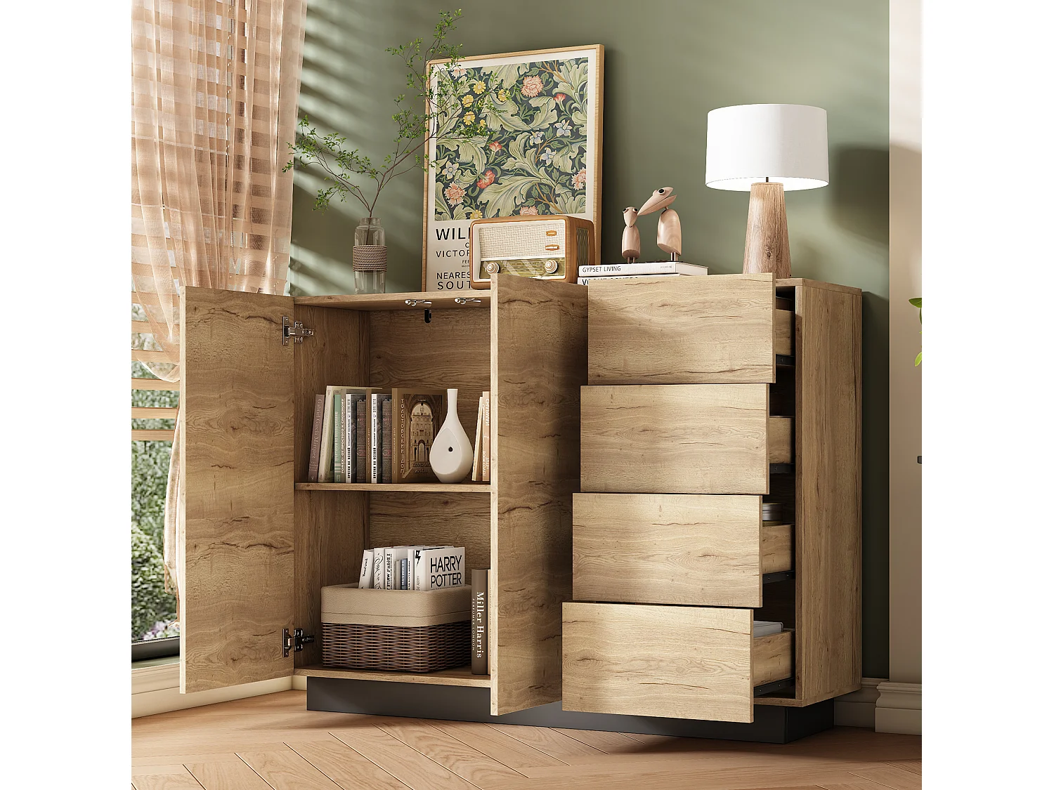 Komoda z 4 szufladami + 2 drzwiami - 110 x 35,5 x 90,5 cm - do salonu i kuchni - płyta wiórowa - kolor naturalny + czarny 4831831 - obrazek 1