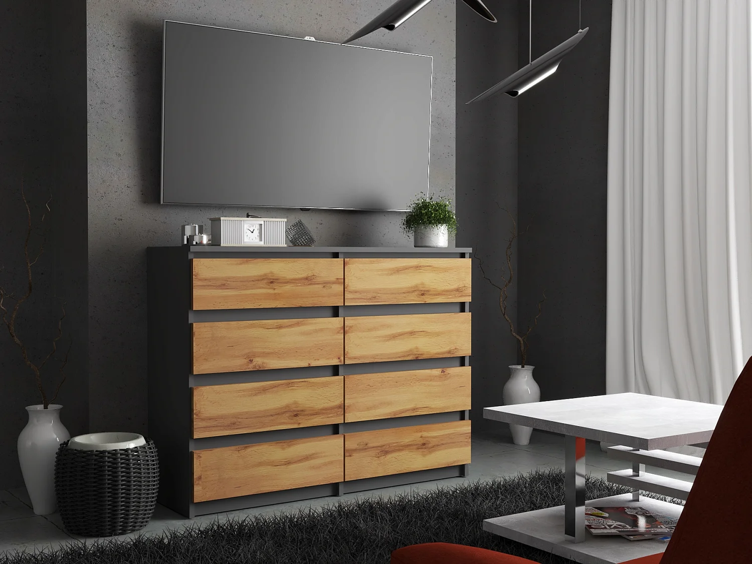 Komoda 8 Szuflad 120 CM Szafka Rtv Szary Mat Dąb Wotan Meble Do Salonu Sypialni 4706370 - obrazek 1