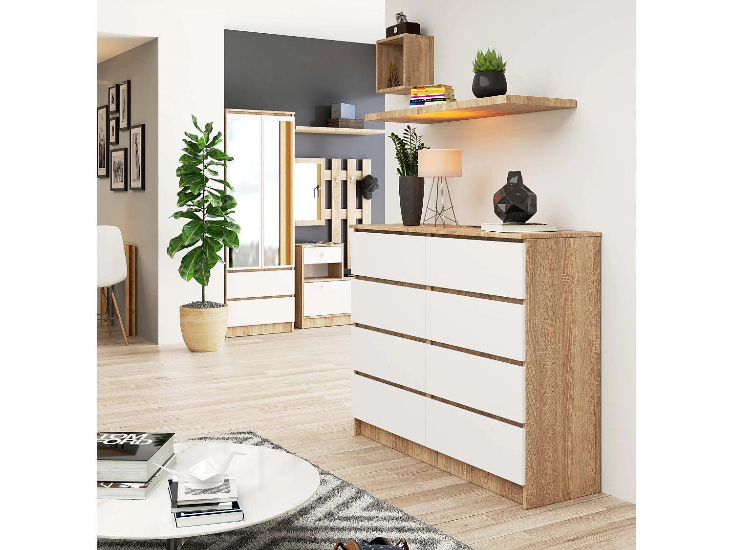 Komoda AKORD K120 Dąb Sonoma 120 cm 8 szuflad kolor Biały mat 120x40x99 cm 1952041 - obrazek 1