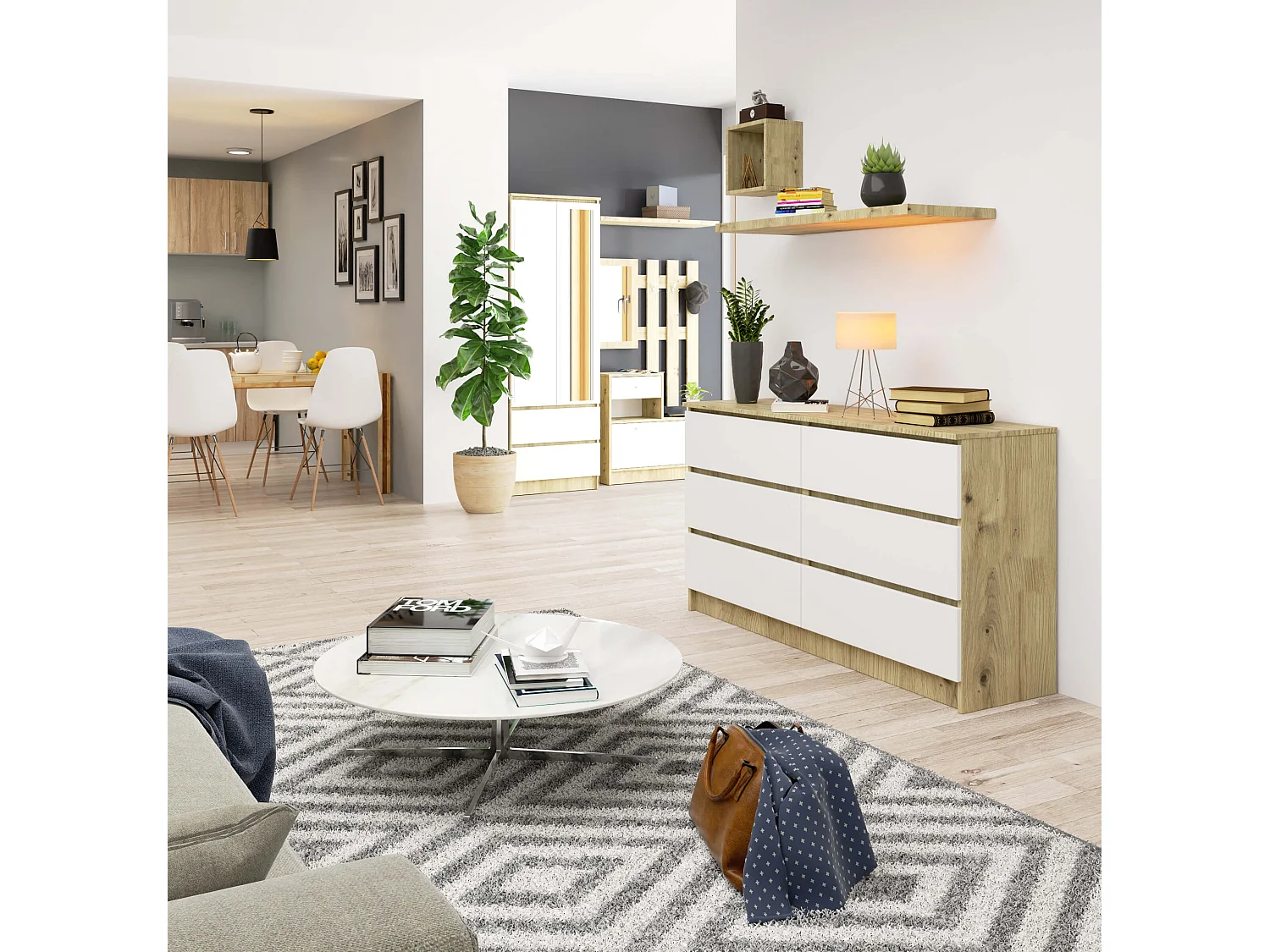 Komoda AKORD K140 Dąb Artisan 138 cm 6 szuflad kolor Biały mat 138x40x77 cm 1952301 - obrazek 1