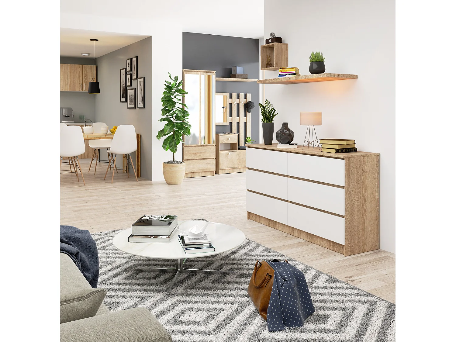 Komoda AKORD K140 Dąb Sonoma 138 cm 6 szuflad kolor Biały mat 138x40x77 cm 1952187 - obrazek 1