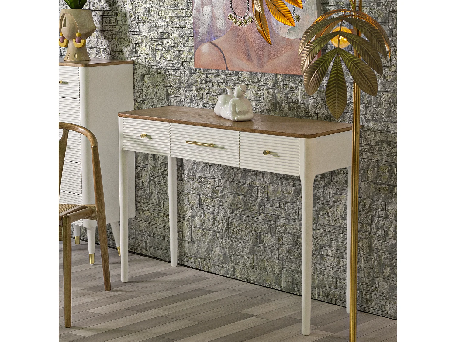 Konsola MATERA 107x37x80 cm – Biało-brązowa drewniana konsola z 3 szufladami i złotymi detalami – styl boho chic 3697080 - obrazek 1