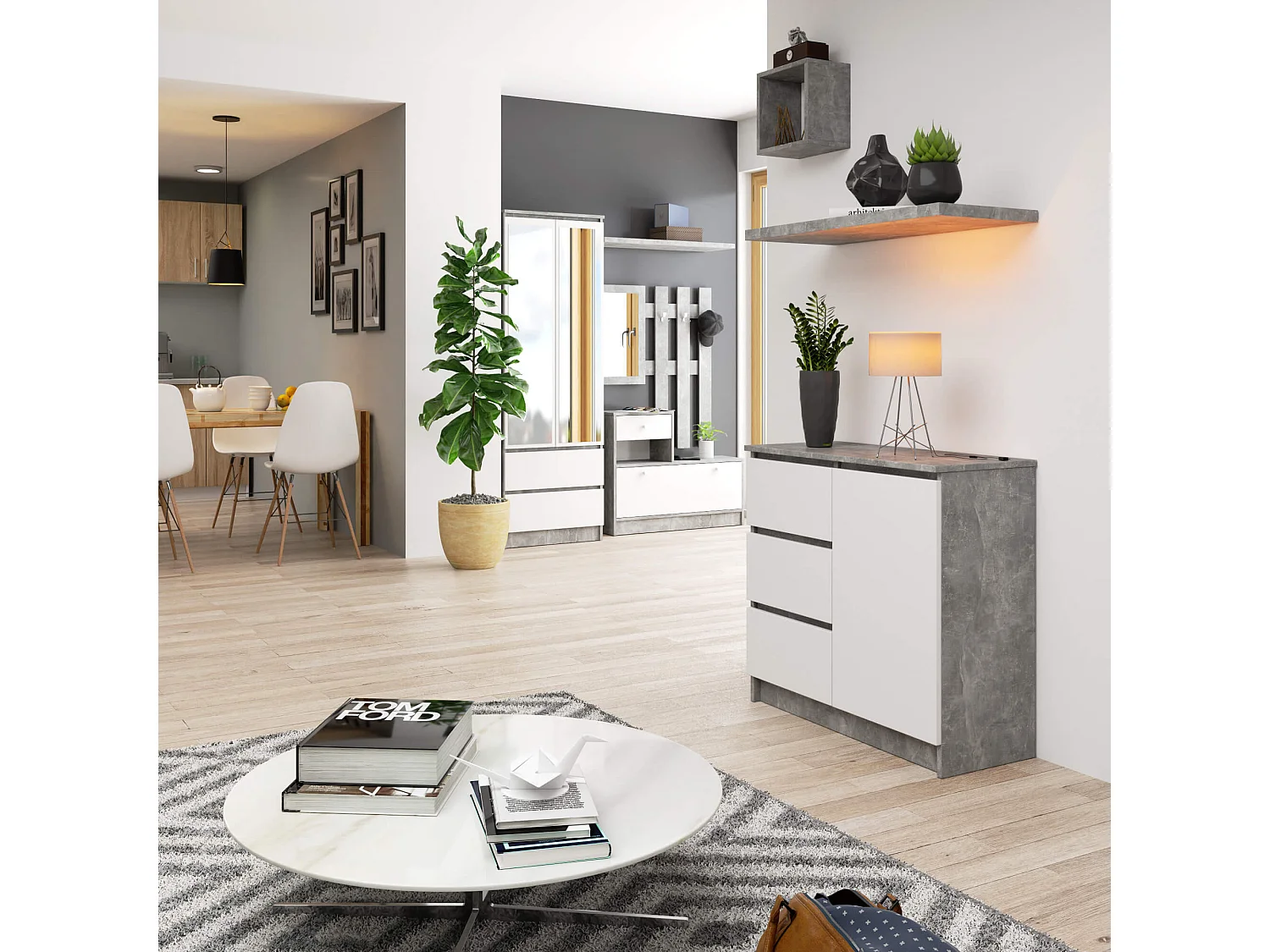 Komoda AKORD JERRY Szary Beton 80 cm 1 drzwi 3 szuflady kolor Biały mat 2 półki 80x35x77 cm 1953129 - obrazek 1