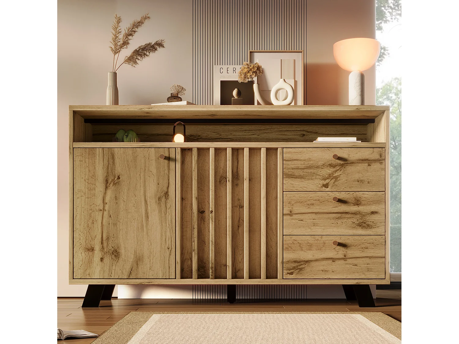 Komoda w stylu vintage do salonu - 120 x 40 x 85 cm - z 3 szufladami + 2 drzwiami + otwartą półką + listwami z przodu - drewno - ciemny naturalny 4833395 - obrazek 1