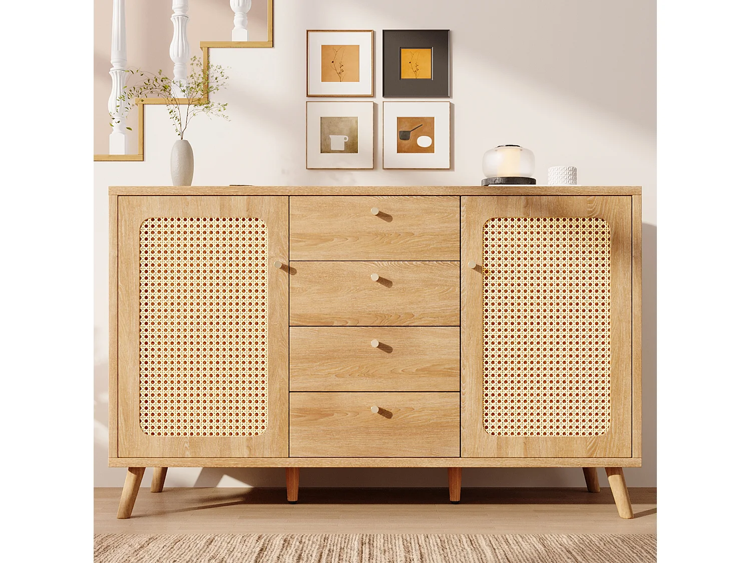 Komoda imitująca rattan do salonu - 140 x 40 x 86 cm - z 4 szufladami + 2 drzwiami + regulowane półki - drewno - jasny naturalny 4833394 - obrazek 1