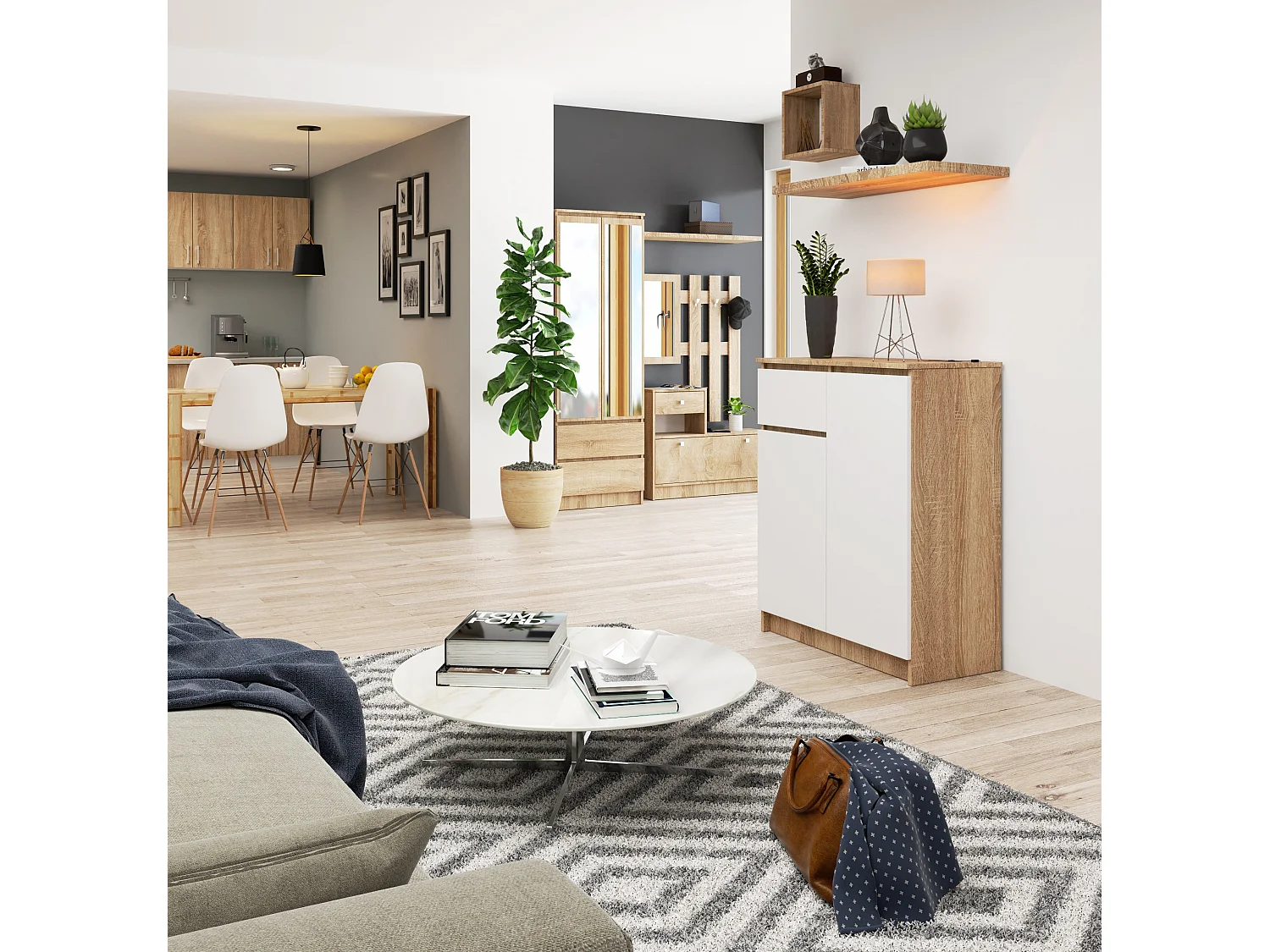Komoda AKORD K80 Dąb Sonoma 80 cm 2 drzwi 1 szuflada kolor Biały mat 4 półki 80x40x99 cm 1952133 - obrazek 1