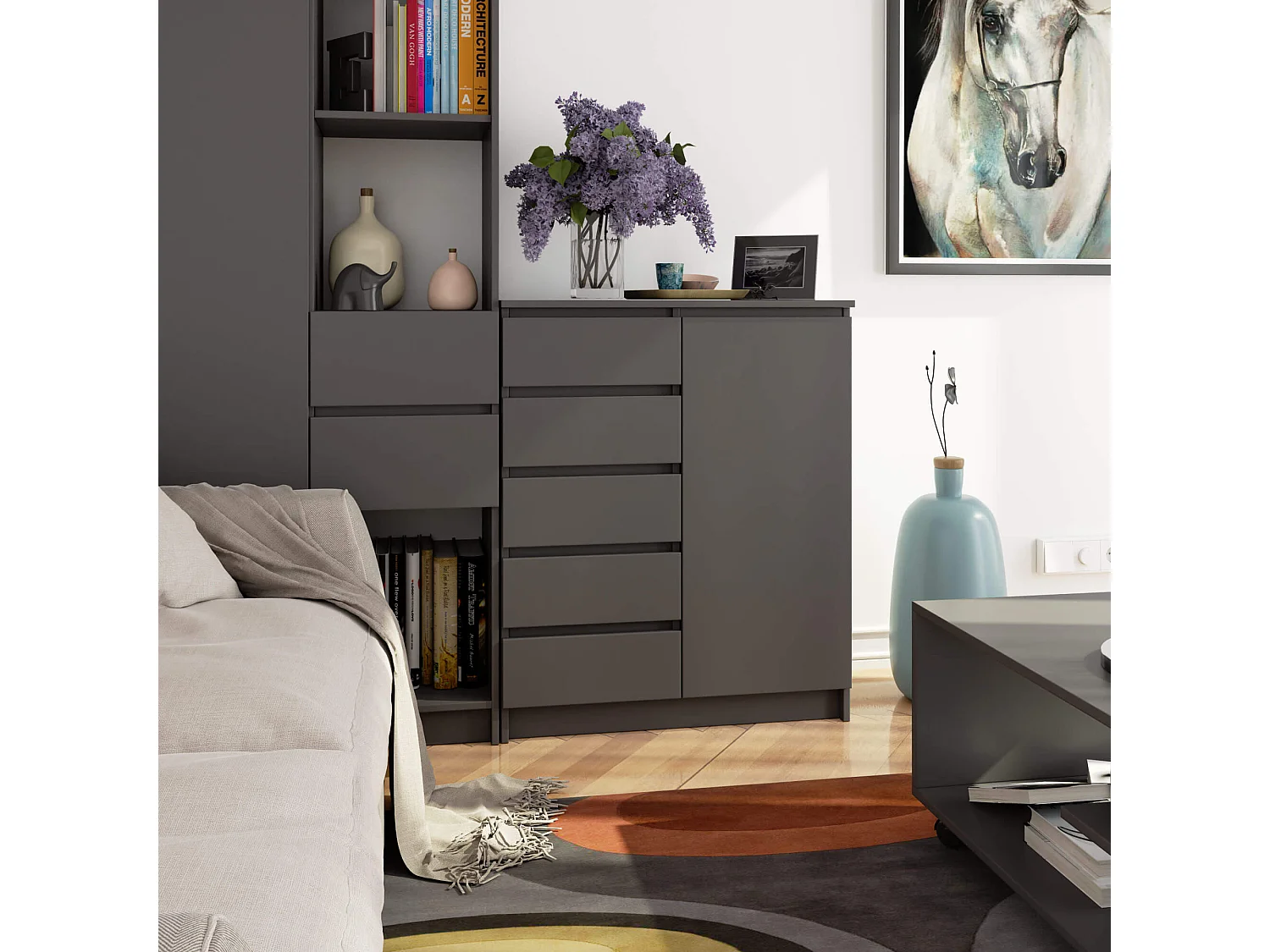 Komoda AKORD K80 Grafit Szary 80 cm 1 drzwi 5 szuflad kolor Grafit Szary mat 3 półki 80x35x97 cm 3681548 - obrazek 1
