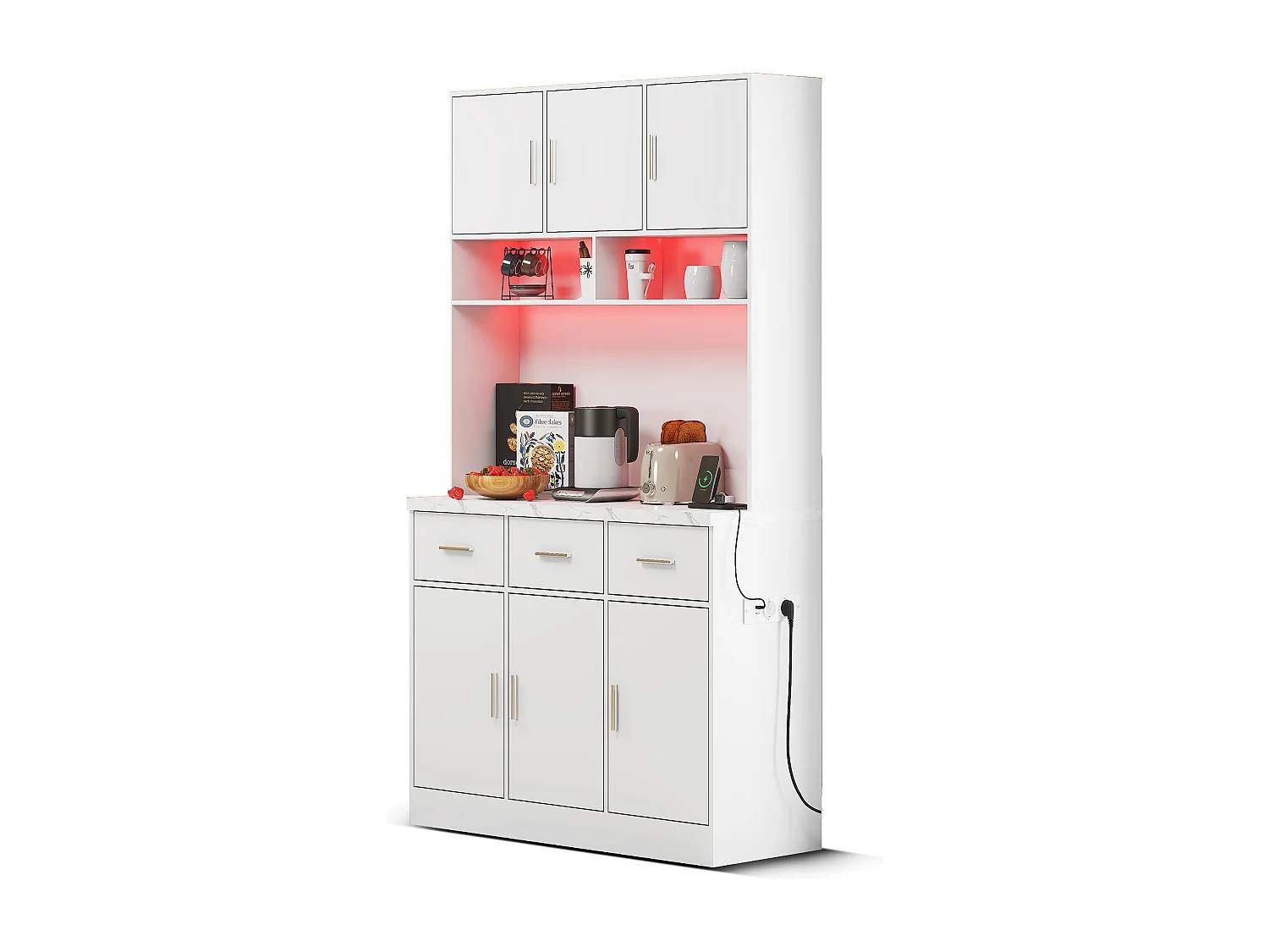 Komoda wysoka z 6 drzwiami i 3 szufladami - 100 x 40 x 180 cm - Diody LED i port ładowania - Drewno MDF - Regulowane półki - Biały 3878093 - obrazek 1
