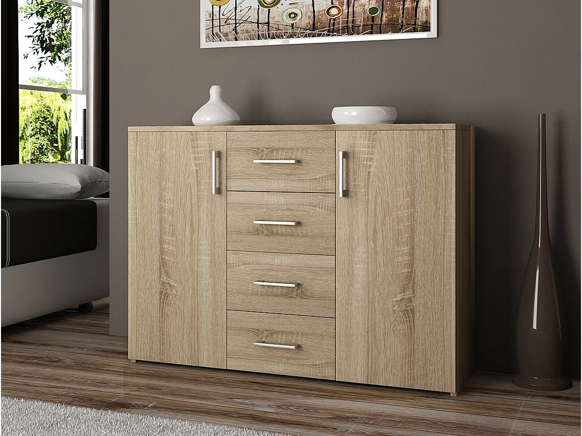 Komoda AKORD K45 Dąb Sonoma 110 cm 2 drzwi 4 szuflady kolor Dąb Sonoma mat 4 półki 110x35x80 cm 1952503 - obrazek 1