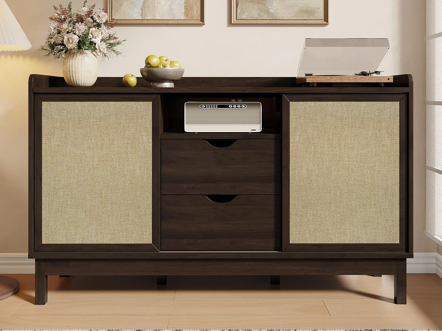 Kredens 150x39,5x80 cm - 2 drzwi przesuwne i 2 szuflady - półki regulowane - płyta wiórowa - Brązowy 4839003 - obrazek 1