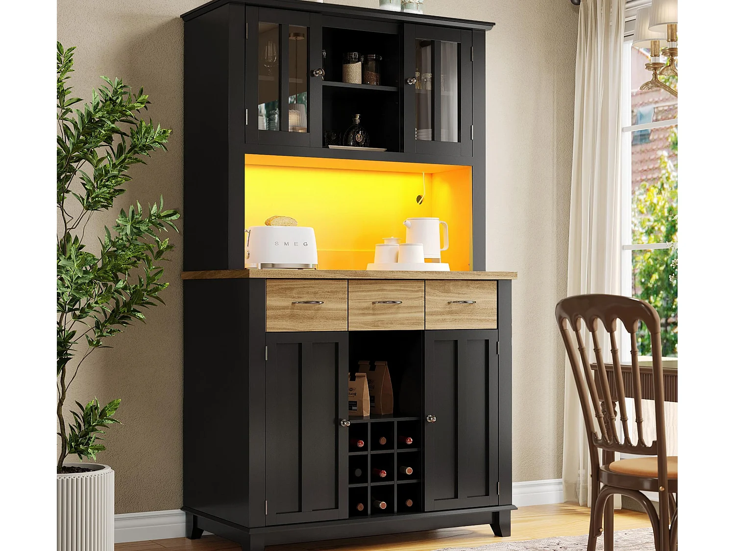 Kredens kuchenny z LED - Wys. 180cm - duża przestrzeń do przechowywania - Czarny 4839015 - obrazek 1