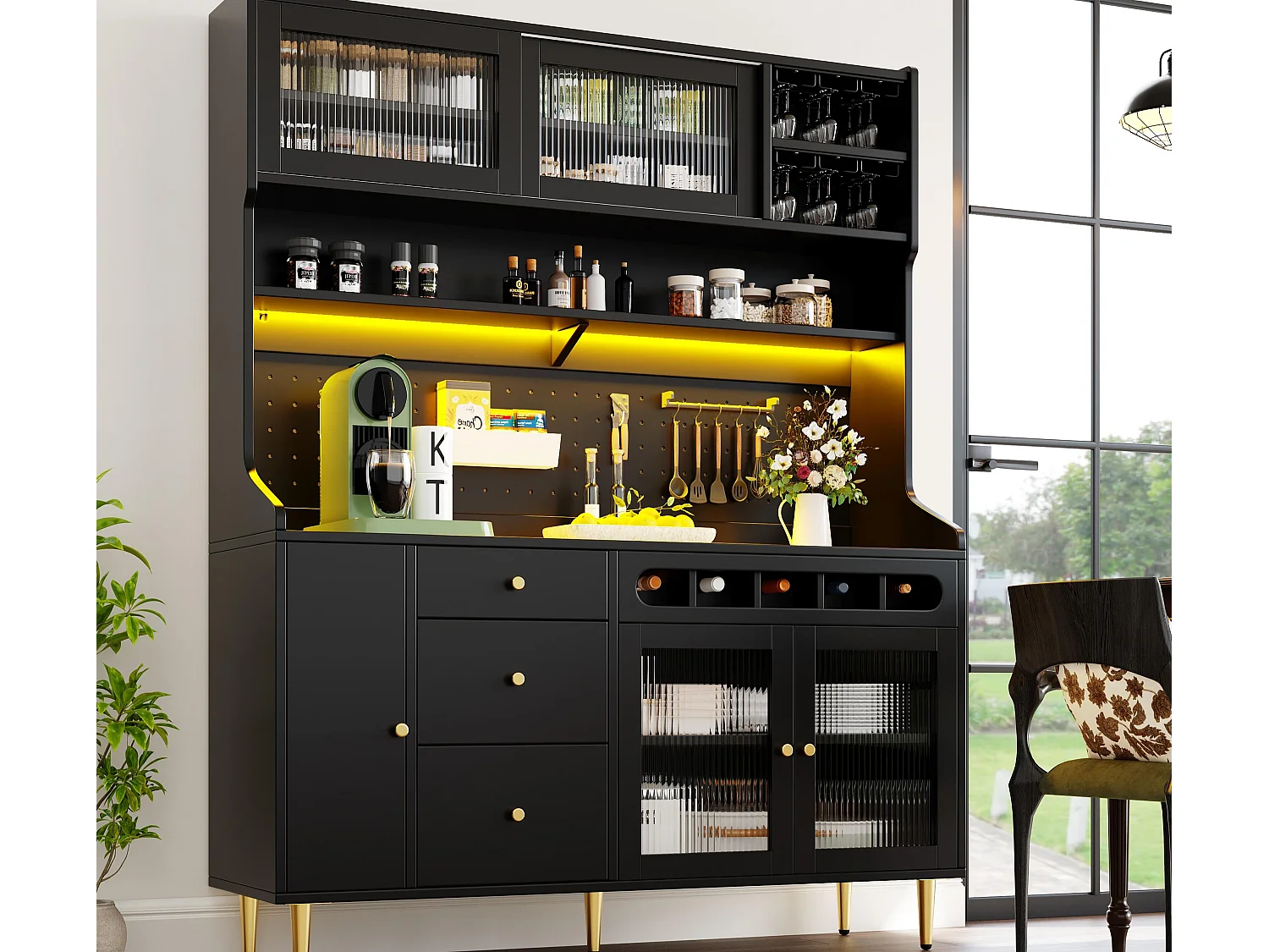 Kredens kuchenny 145x39x171 cm - z oświetleniem LED - 4 drzwi szklane - 3 szuflady - z panelem perforowanym - czarny 4839014 - obrazek 1