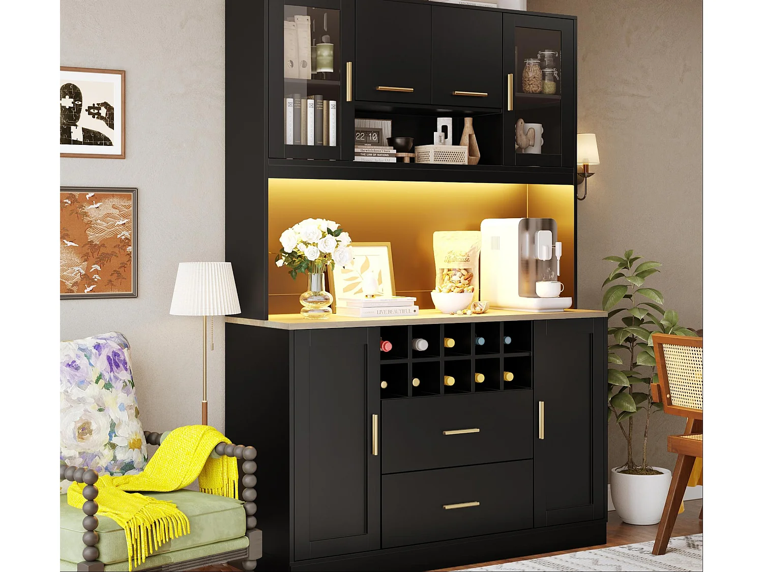 Kredens kuchenny 120x36x180 cm - 6 drzwi i 2 szuflady - z oświetleniem LED i gniazdkiem elektrycznym - 10 przegródek na wino - Czarny 4839031 - obrazek 1