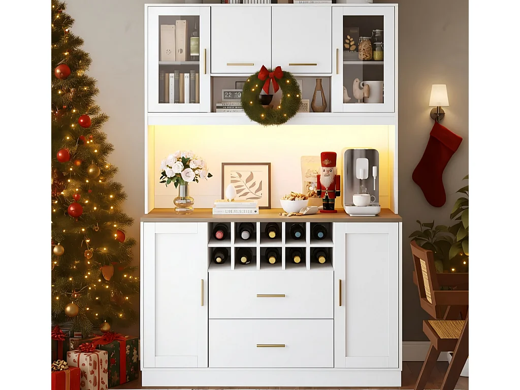 Kredens kuchenny 120x36x180 cm - 6 drzwi i 2 szuflady - z oświetleniem LED i gniazdkiem elektrycznym - 10 przegródek na wino - Biały 4839033 - obrazek 1