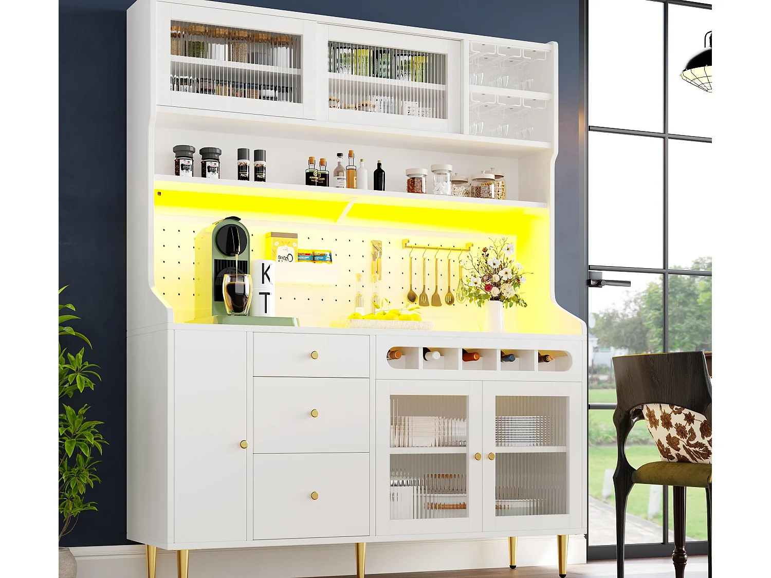 Kredens kuchenny 145x39x171 cm - z oświetleniem LED - 4 drzwi szklane - 3 szuflady - z panelem perforowanym - biały 4839037 - obrazek 1
