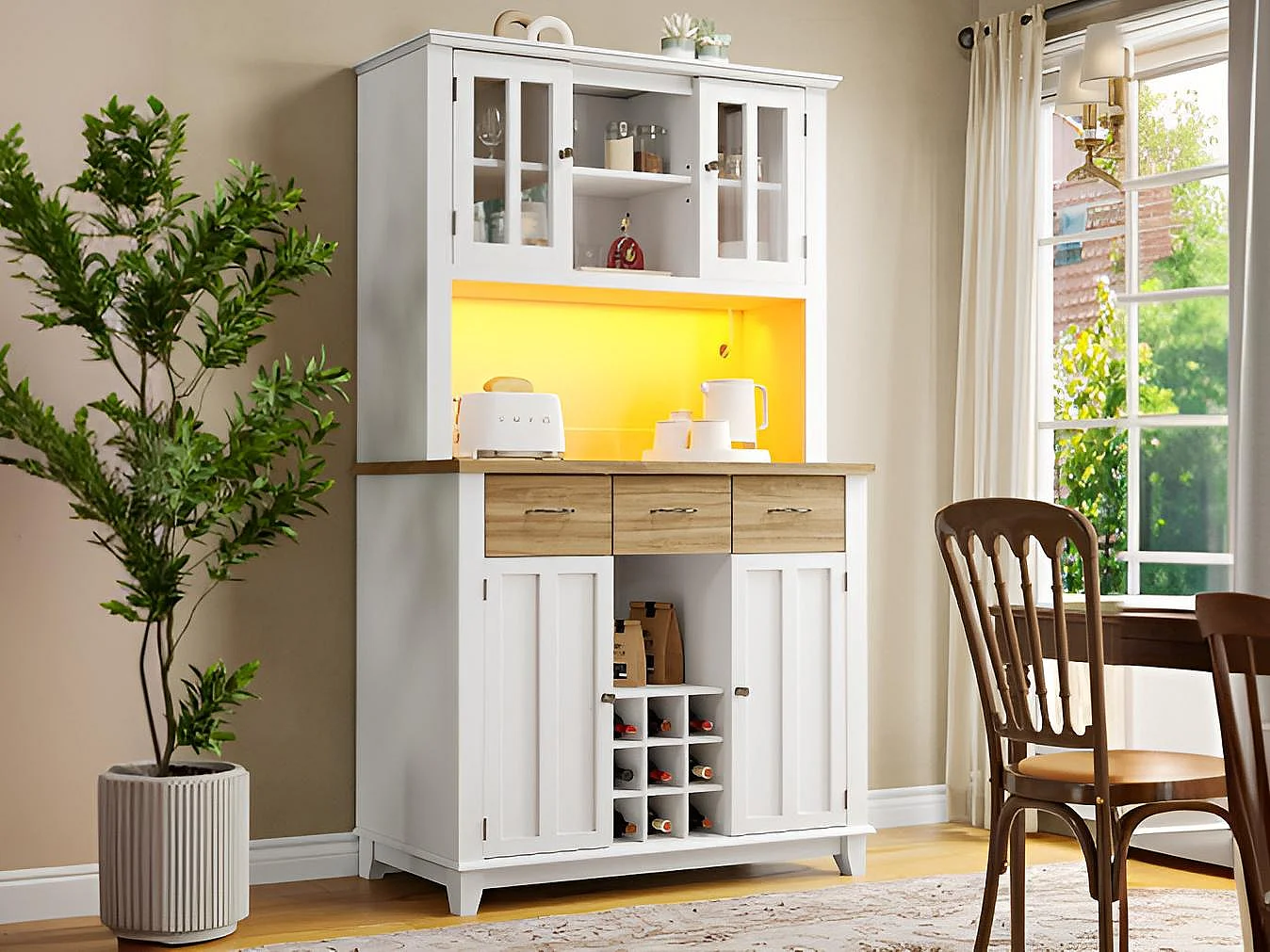 Kredens kuchenny z LED - Wys. 180cm - duża przestrzeń do przechowywania - Biały & Naturalny 4839041 - obrazek 1