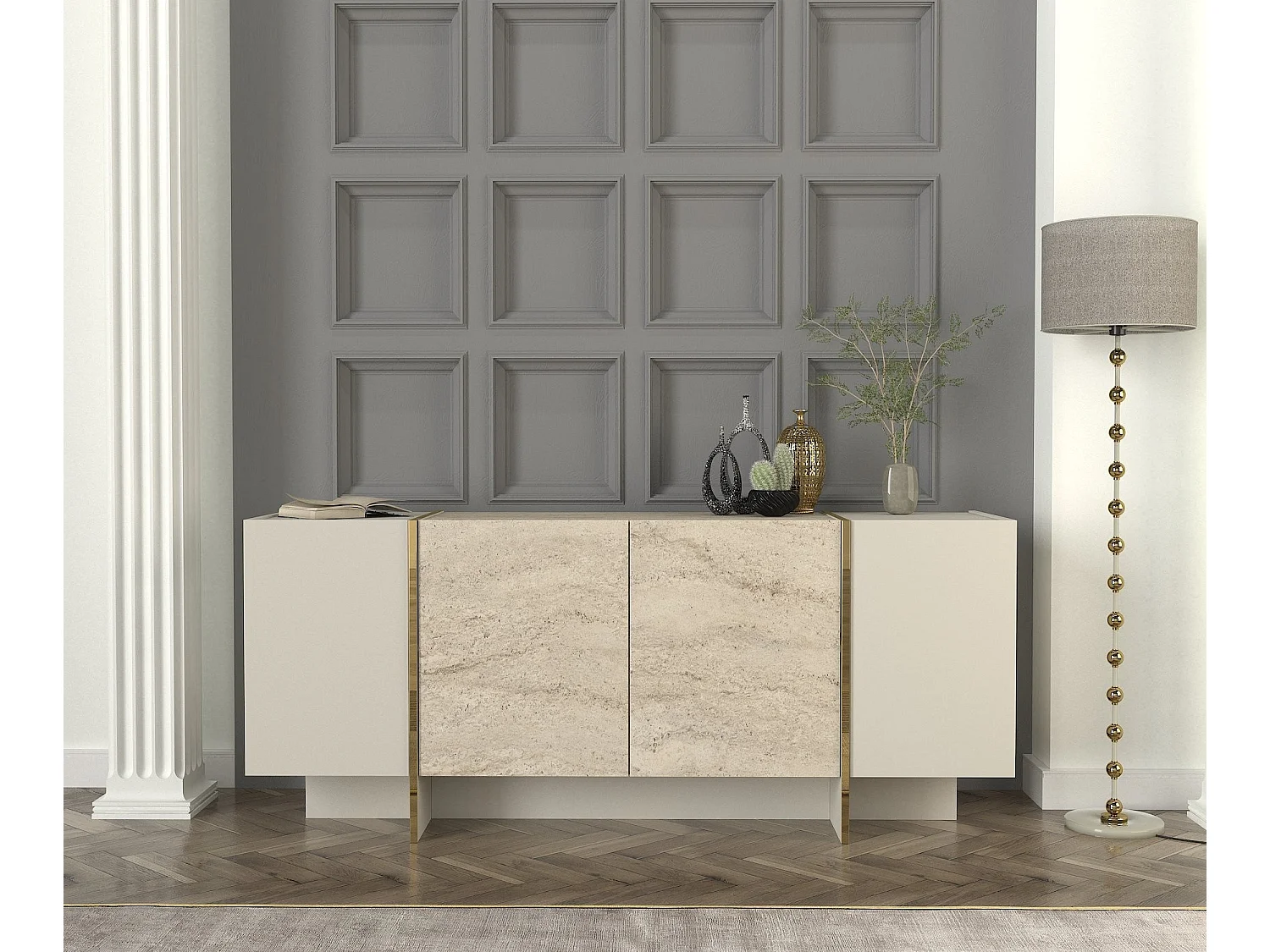 Komoda – 180 cm x 75,5 cm x 46,6 cm – Kolor trawertynu i piaskowca – Materiał: Płyta wiórowa pokryta melaminą 4629072