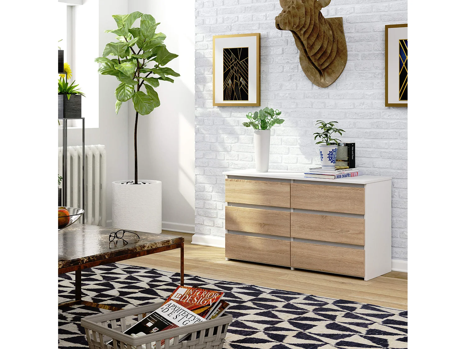 Komoda AKORD CL100 Biała 100 cm 6 szuflad kolor Dąb Sonoma mat 100x35x57 cm 1894001 - obrazek 1