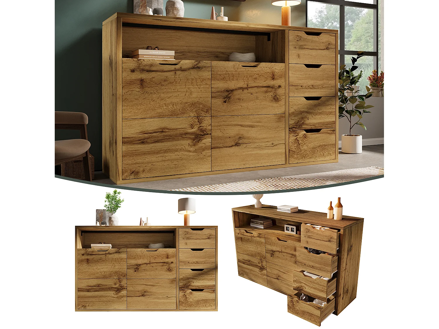 Komoda w stylu vintage z efektem dębu - 150 x 40 x 90 cm - z 2 drzwiami + 4 szufladami + półką - drewno - naturalne 4840843 - obrazek 1