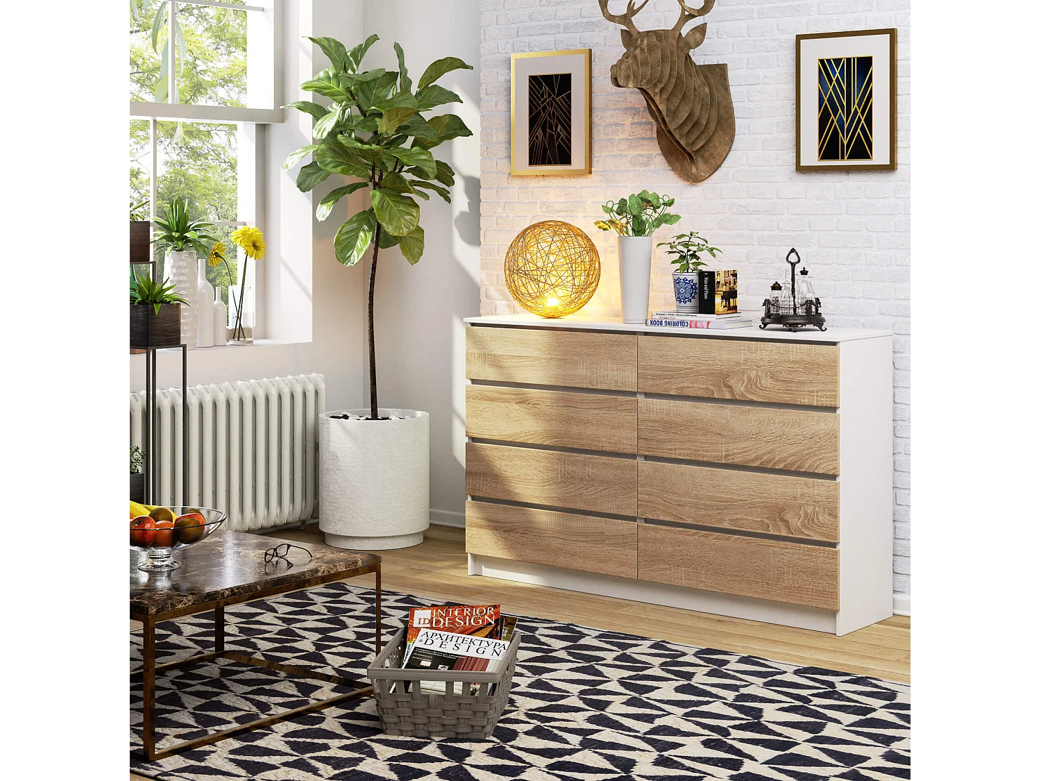 Komoda AKORD K160 Biała 160 cm 8 szuflad kolor Dąb Sonoma mat 160x40x99 cm 1953137 - obrazek 1