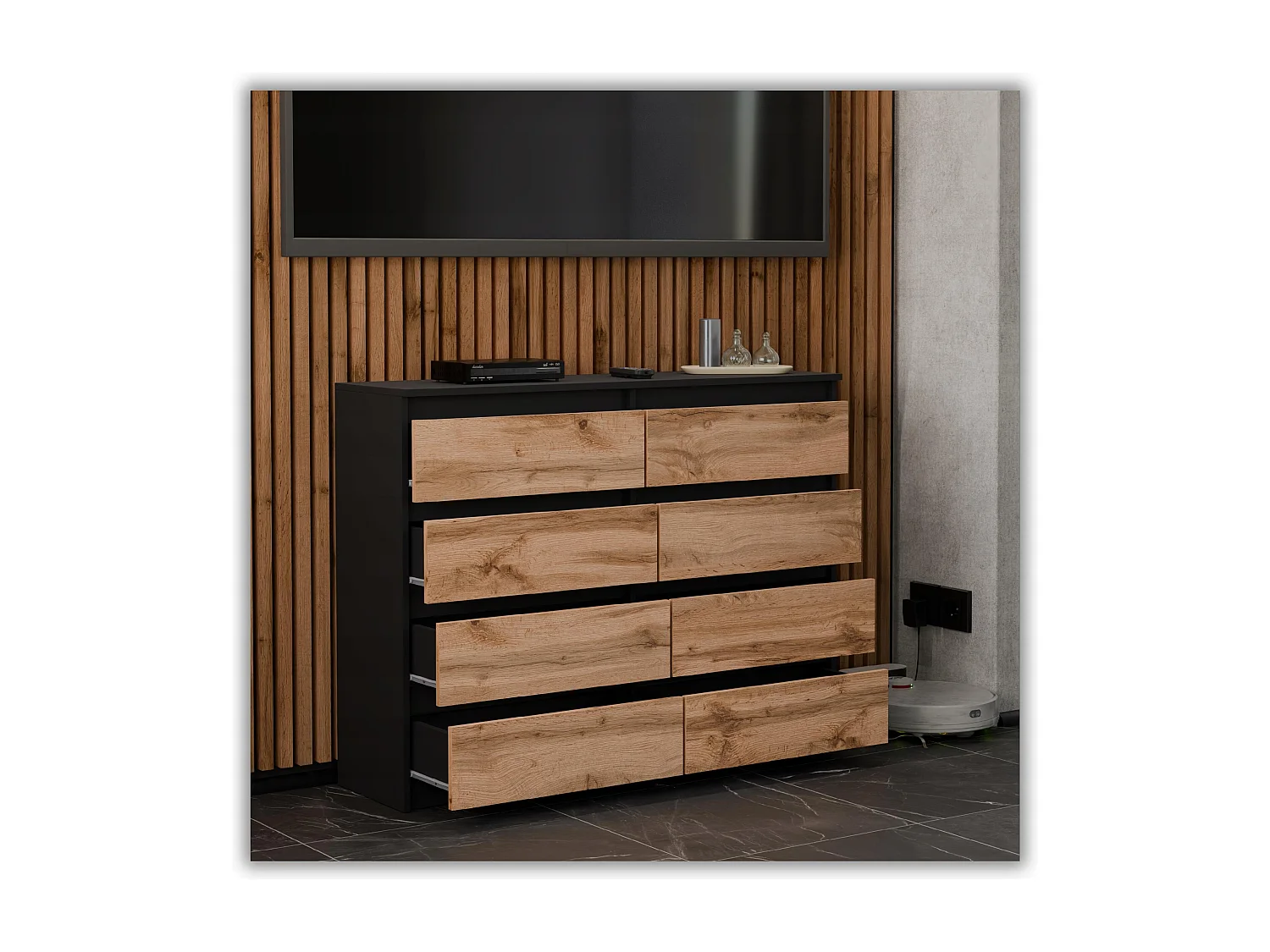 Komoda 8 Szuflad 120 CM Szafka Rtv Czarny Mat Dąb Wotan Meble Do Salonu Sypialni 4144133 - obrazek 1
