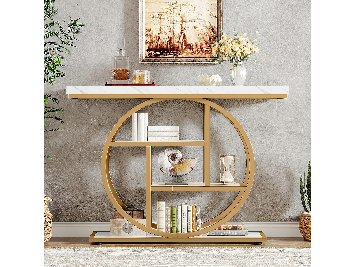 Konsola w stylu industrialnym, 105 cm, 4 poziomy, okrągła podstawa, wąska, drewniana, z półkami do przechowywania (biało-złota) 3884722 - obrazek 1