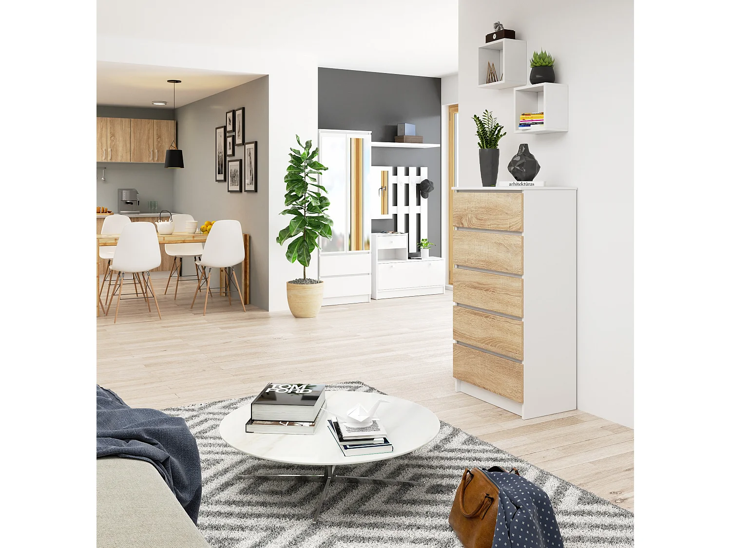 Komoda AKORD K60 Biała 60 cm 5 szuflad kolor Dąb Sonoma mat 60x40x121 cm 1952513 - obrazek 1