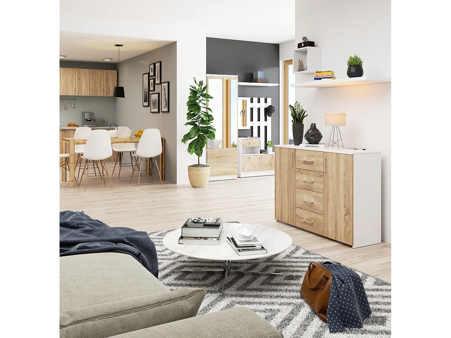 Komoda AKORD K45 Biała 110 cm 2 drzwi 4 szuflady kolor Dąb Sonoma mat 4 półki 110x35x80 cm 1952515 - obrazek 1
