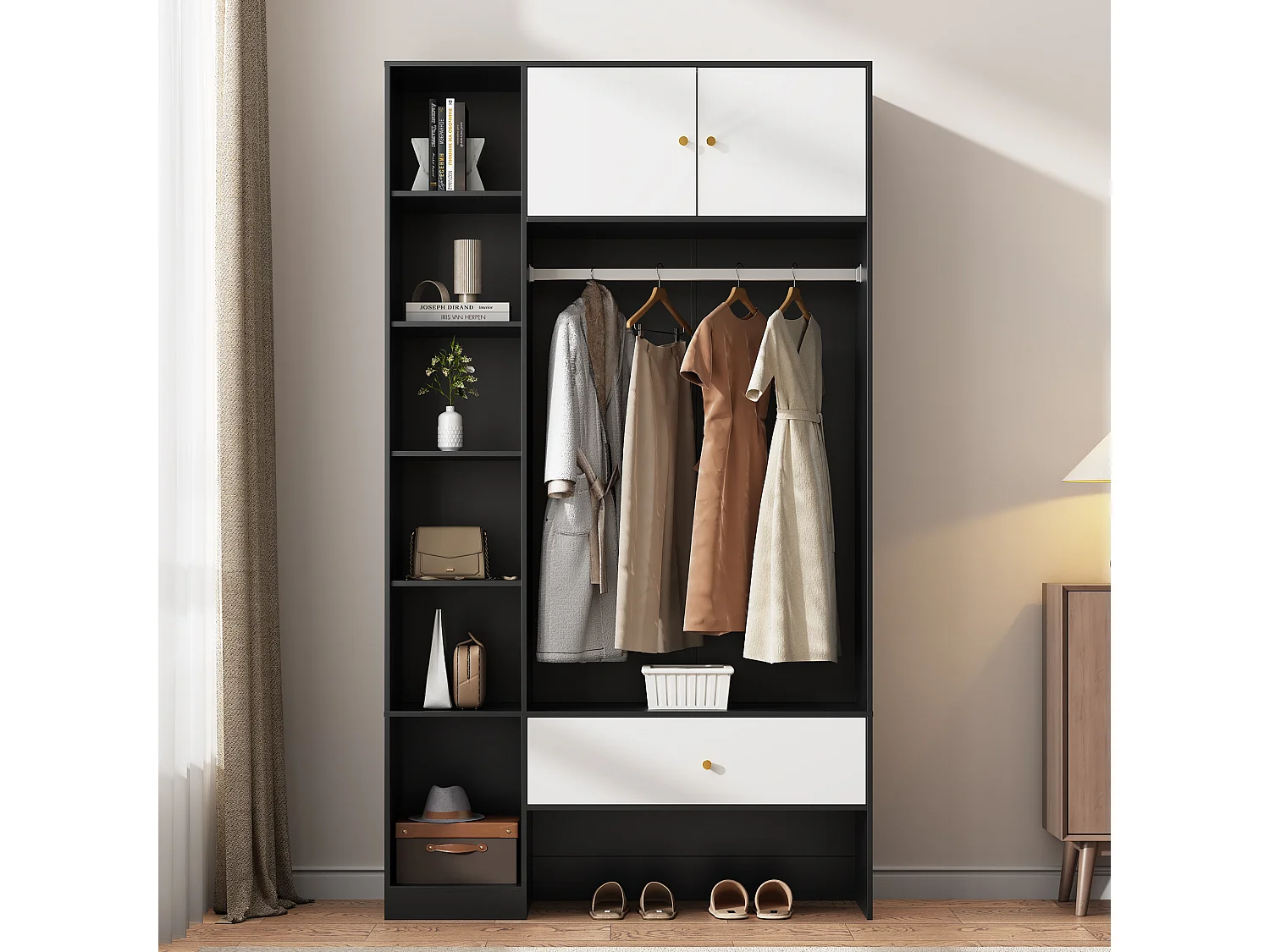 Kompaktowa szafka przedpokojowa - 105 x 40 x 185 cm - z 2 drzwiami + 6 przegródkami + drążkiem na wieszaki + szufladą - płyta wiórowa - biała + czarna 4853691 - obrazek 1