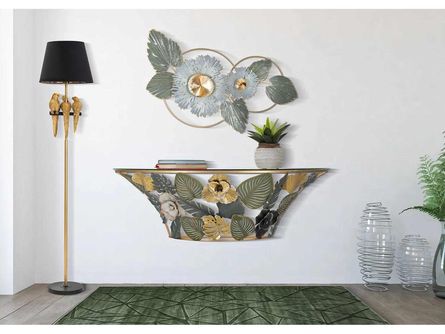 Amaz Multicolor Wall Console - Półokrągła metalowa konsola z kwiatami i liśćmi, 120x40,5x37,2 cm - Glam Style - Parent 940 3719856 - obrazek 1