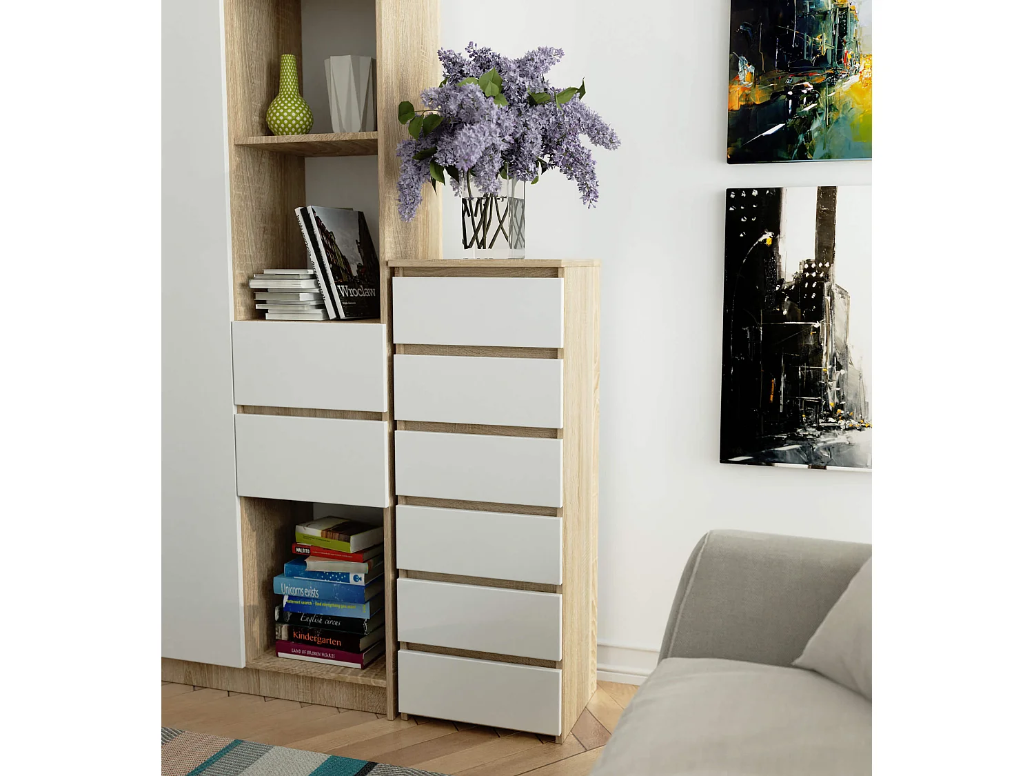 Komoda AKORD CL6 Dąb Sonoma 40 cm 6 szuflad kolor Biały mat 40x35x109 cm 1951839 - obrazek 1