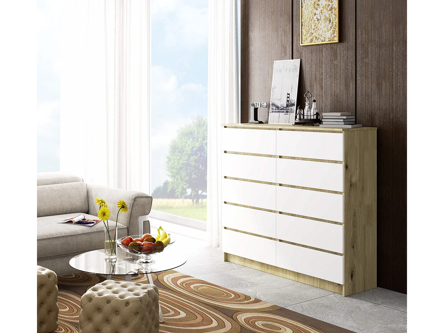Komoda AKORD K140 Dąb Artisan 138 cm 10 szuflad kolor Biały mat 138x40x121 cm 1952275 - obrazek 1