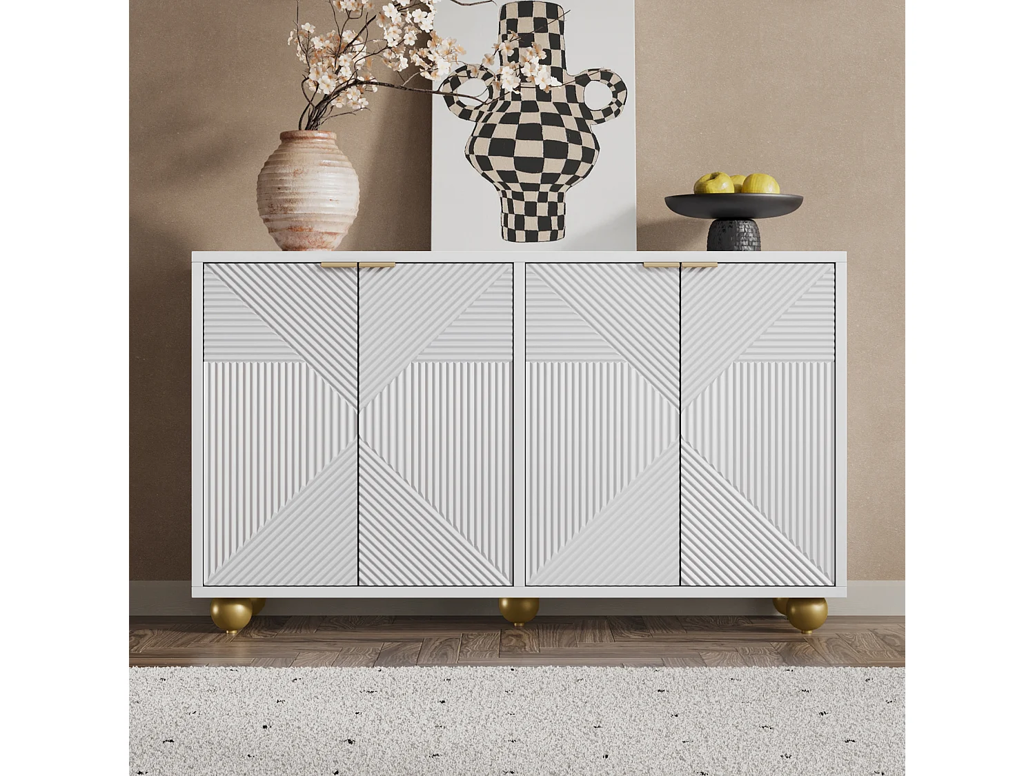 Komoda z 4 drzwiami profilowanymi - 120 x 35 x 71,5 cm - z regulowanymi półkami - uchwyty metalowe i nóżki kulowe - płyta MDF - biała 4869064 - obrazek 1