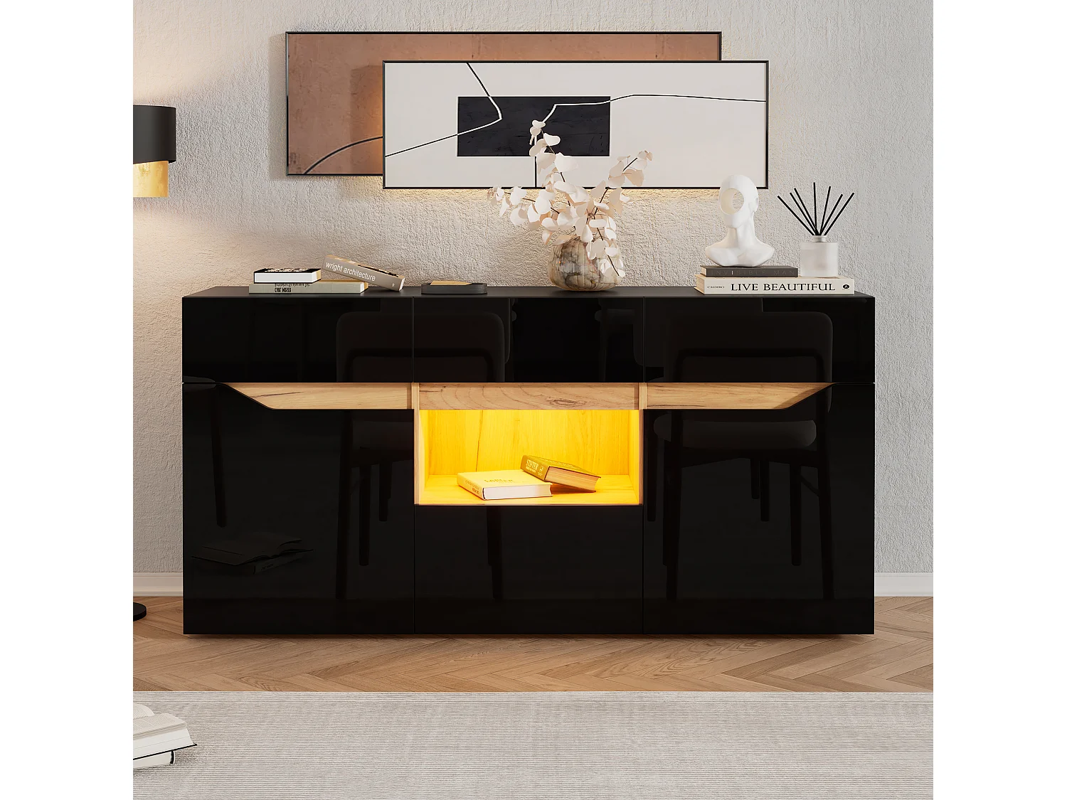 Komoda lakierowana na wysoki połysk - 140 x 40 x 70 cm - z 4 szufladami + półką + szufladami + diodami LED - płyta wiórowa - kolor czarny 4869069 - obrazek 1