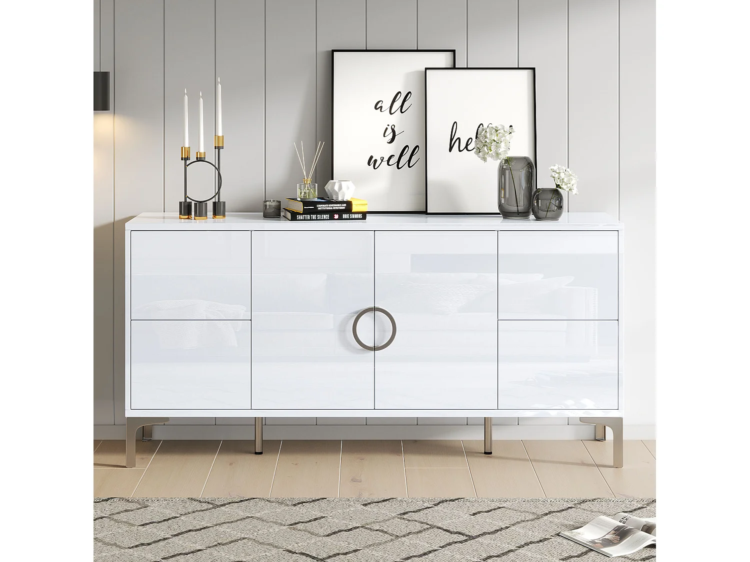 Komoda lakierowana na wysoki połysk do salonu - 150 x 38 x 59,5 cm - z 4 szufladami + 2 drzwiami - nogi metalowe - płyta MDF - kolor biały 4869076 - obrazek 1