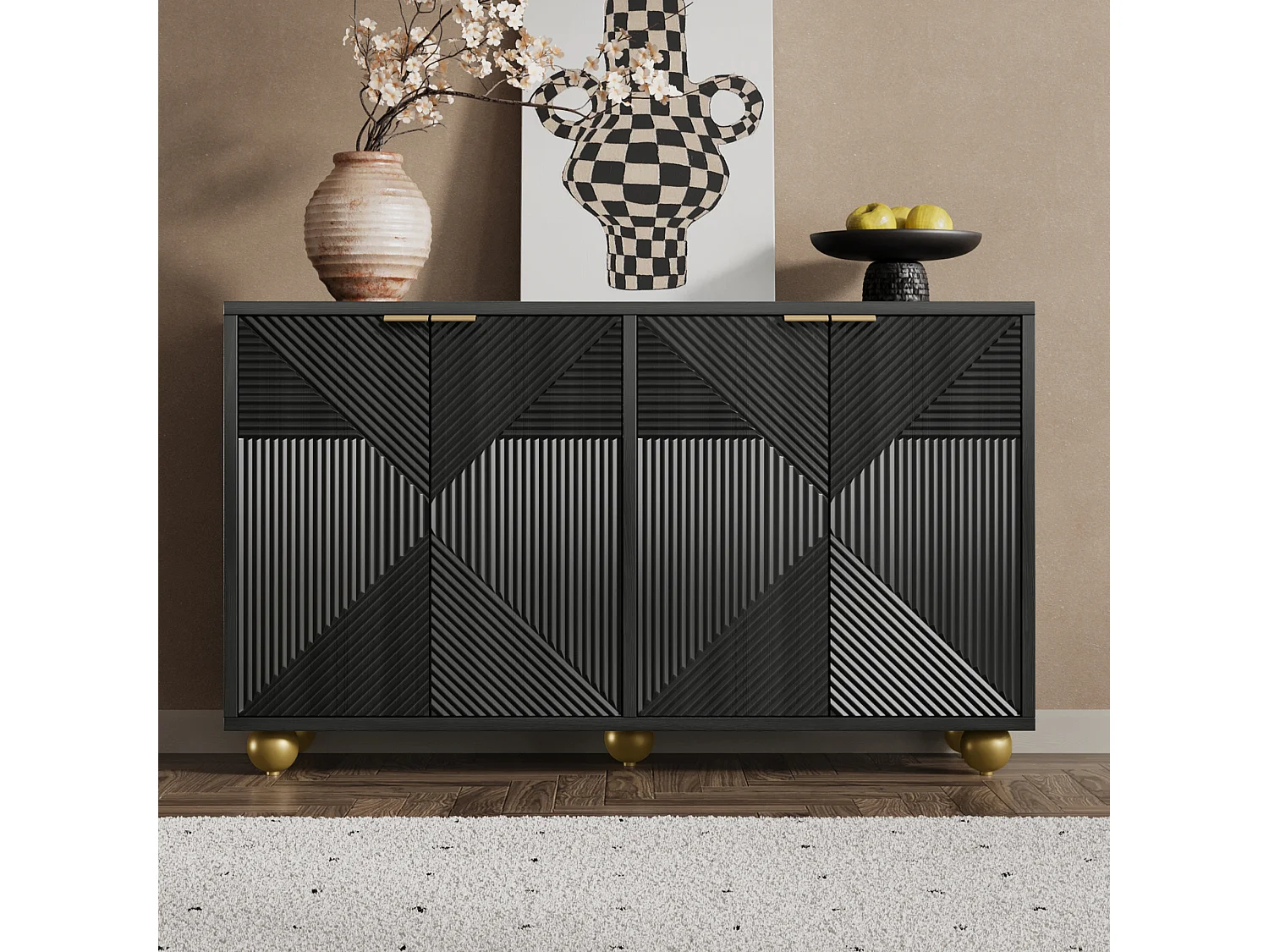 Komoda z 4 drzwiami profilowanymi - 120 x 35 x 71,5 cm - z regulowanymi półkami - uchwyty metalowe i nóżki kulowe - płyta MDF - czarna 4869072 - obrazek 1