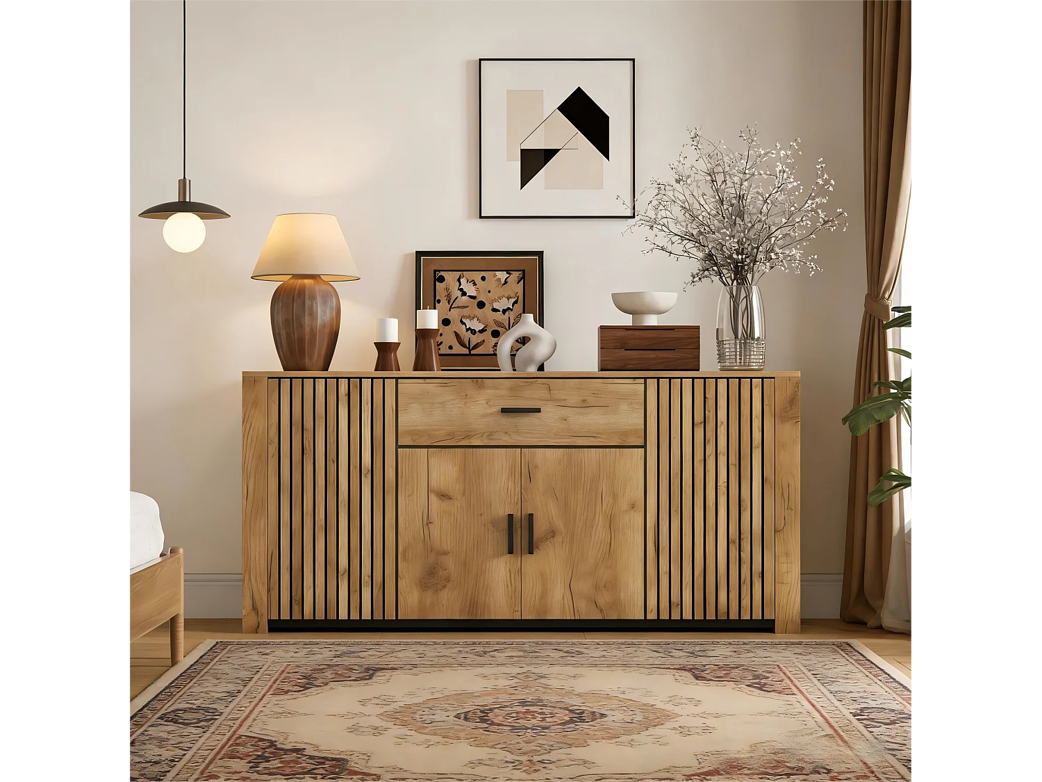 Komoda do salonu - 160 x 40 x 75 cm - z 4 drzwiami + 1 szufladą - meble do jadalni - płyta wiórowa - kolor naturalny 4869077 - obrazek 1
