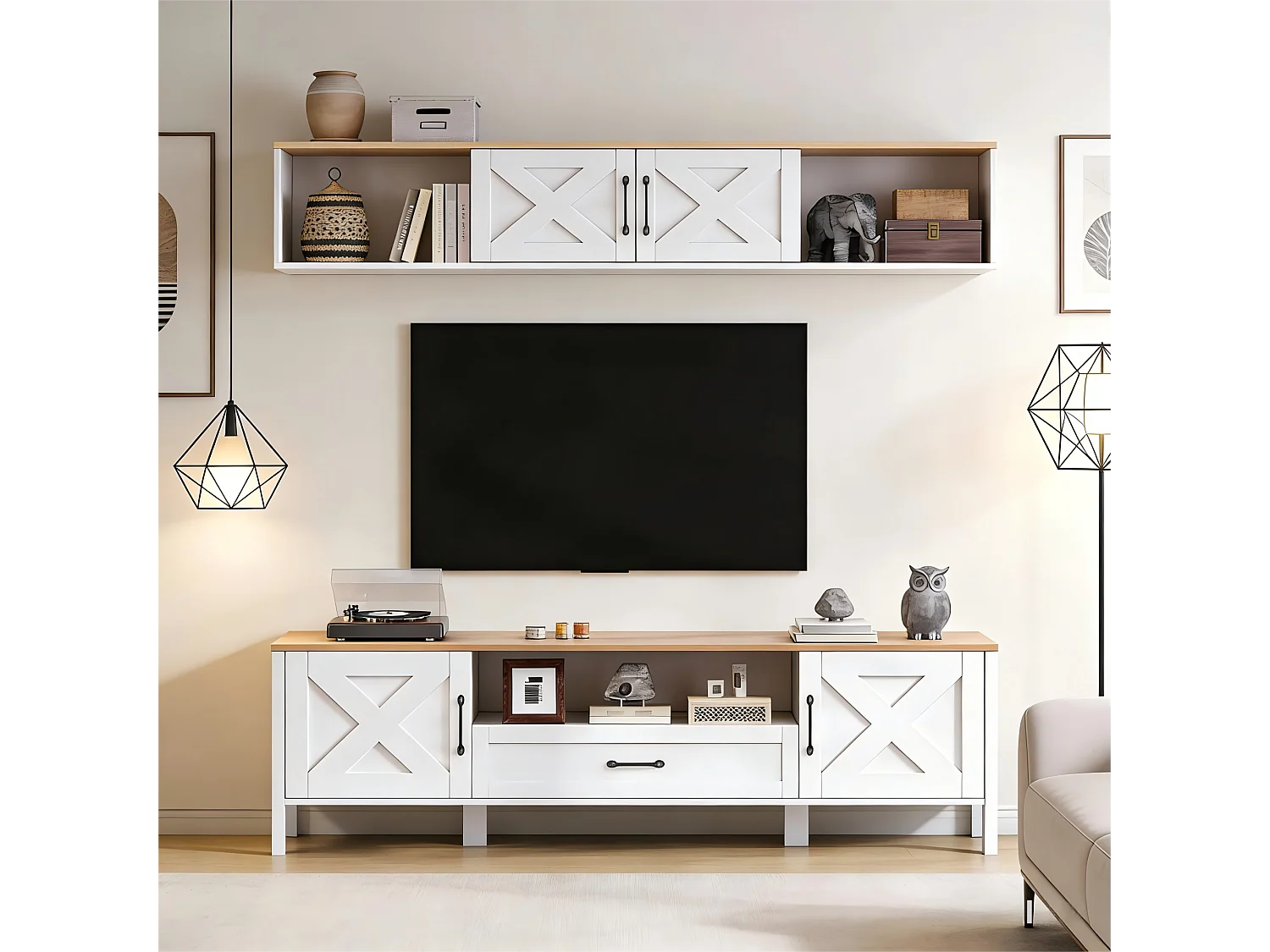 Komplet mebli do salonu, 2 elementy - 180 x 40 x 50 cm - szafka RTV + witryna wisząca - z drzwiami + 1 szuflada - płyta MDF - kolor biały 4869140 - obrazek 1
