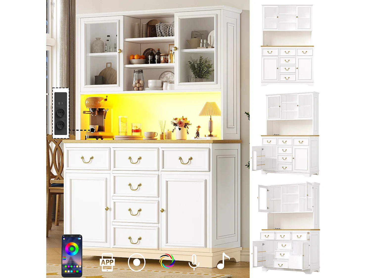 Kredens kuchenny - 118 x 40 x 180 cm - z 6 szufladami + drzwi + diody LED + półki - MDF - biały 4869159 - obrazek 1