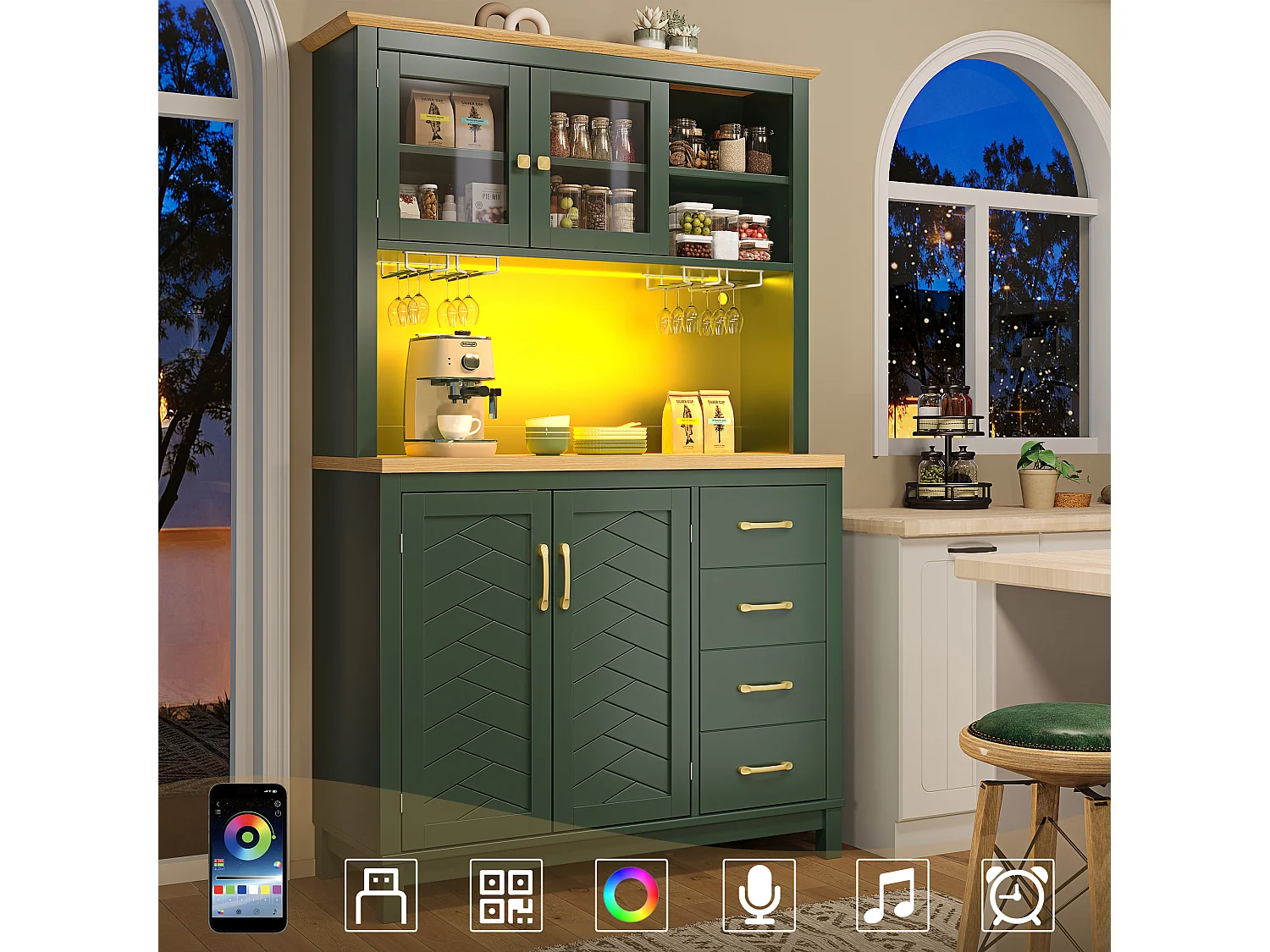 Kredens kuchenny w stylu rustykalnym - 105,5 x 40 x 180 cm - 4 drzwi + diody LED + uchwyty na kubki + szuflady - MDF - zielony 4869162 - obrazek 1
