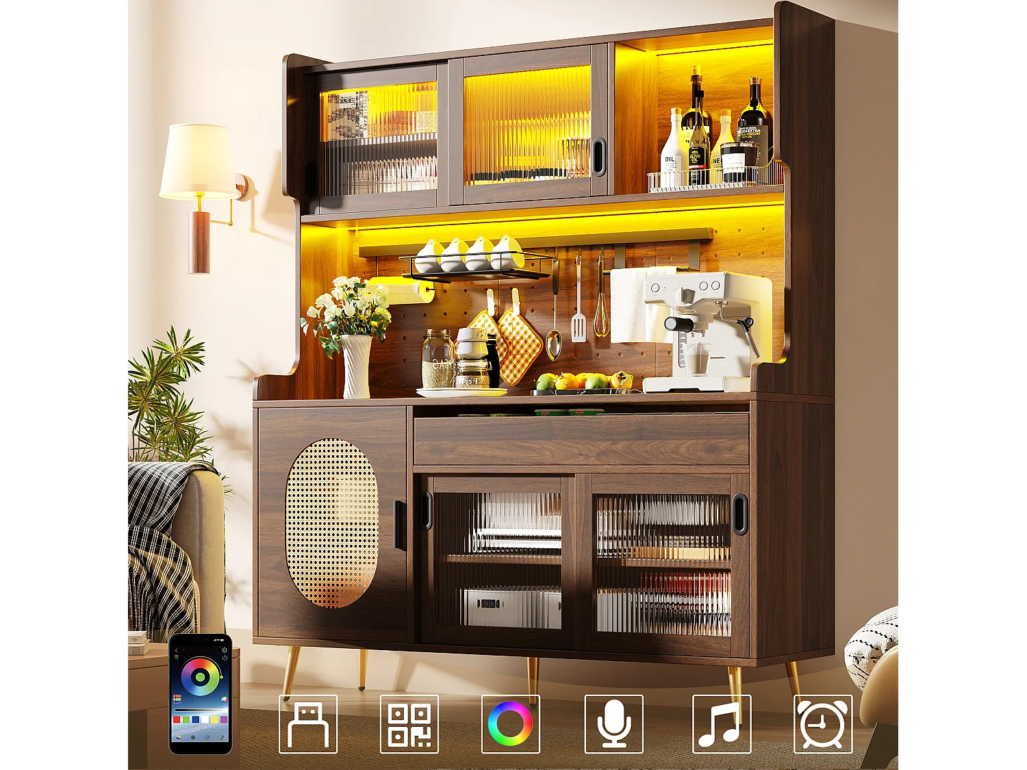 Kredens kuchenny w stylu rustykalnym - 145 x 39 x 171 cm - z 5 drzwiami + diody LED + panel do przechowywania + szuflada - MDF - brązowy 4869160 - obrazek 1