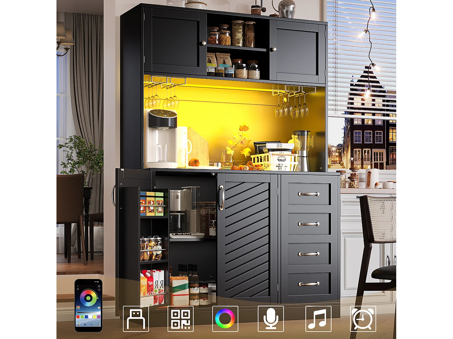 Kredens kuchenny - 120 x 40 x 188 cm - 4 drzwi + oświetlenie LED + uchwyty na kubki + szuflady + półka na przekąski - płyta MDF - czarny 4869164 - obrazek 1