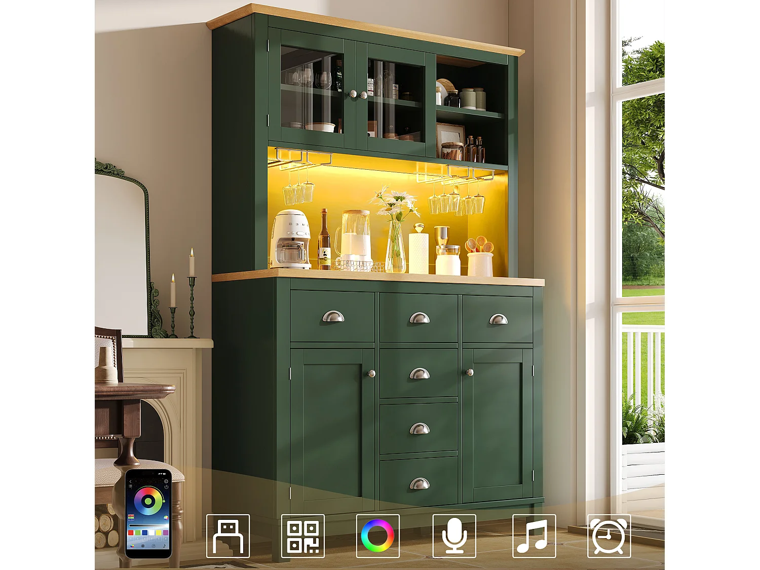 Kredens kuchenny w stylu rustykalnym - 104 x 40 x 180 cm - z drzwiami, diodami LED, półkami i szufladami - MDF - zielony 4869167 - obrazek 1