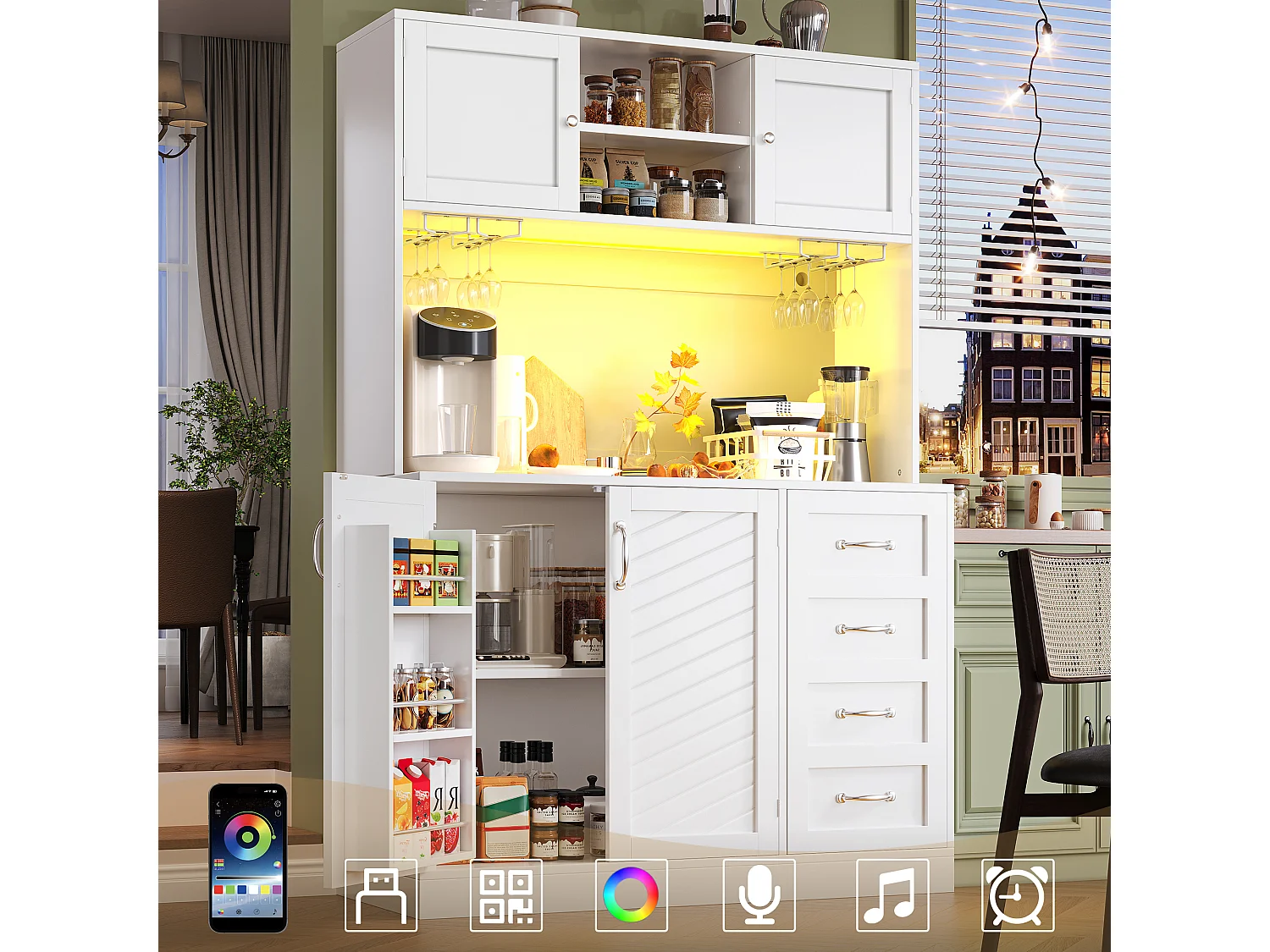 Kredens kuchenny - 120 x 40 x 188 cm - 4 drzwi + oświetlenie LED + uchwyty na kubki + szuflady + półka na przekąski - płyta MDF - biały 4869168 - obrazek 1