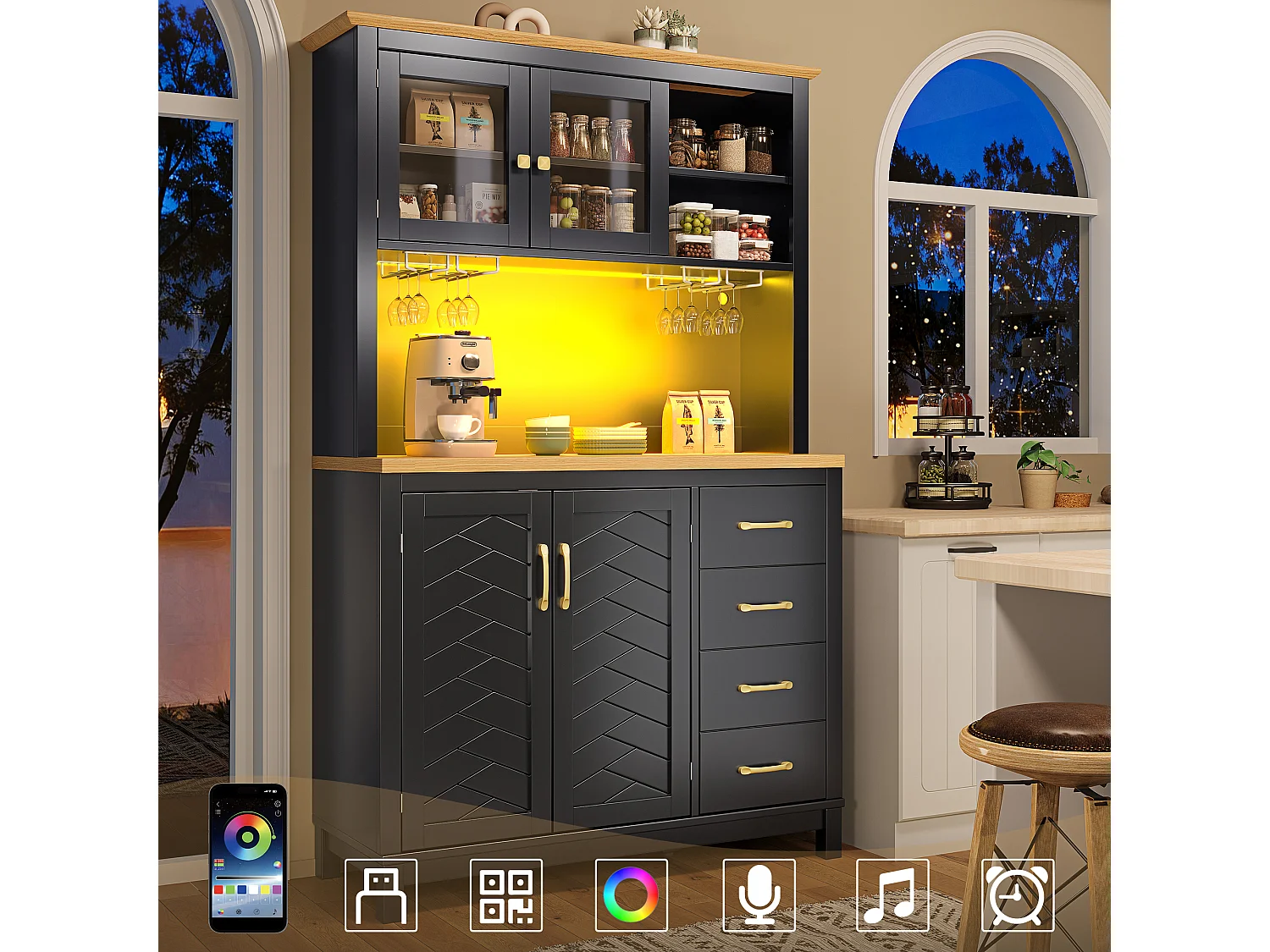 Kredens kuchenny w stylu rustykalnym - 105,5 x 40 x 180 cm - 4 drzwi + diody LED + uchwyty na kubki + szuflady - MDF - czarny 4869170 - obrazek 1