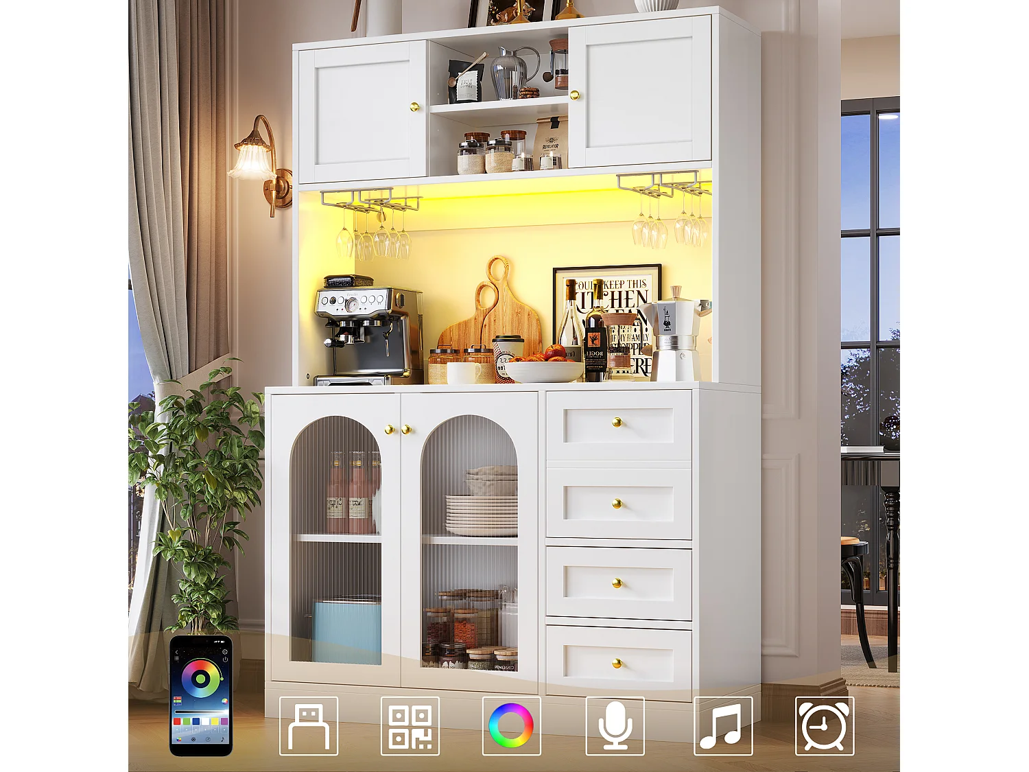 Kredens kuchenny w stylu rustykalnym - 120 x 40 x 188 cm - 4 drzwi + diody LED + półki + szuflady - MDF - biały 4869171 - obrazek 1