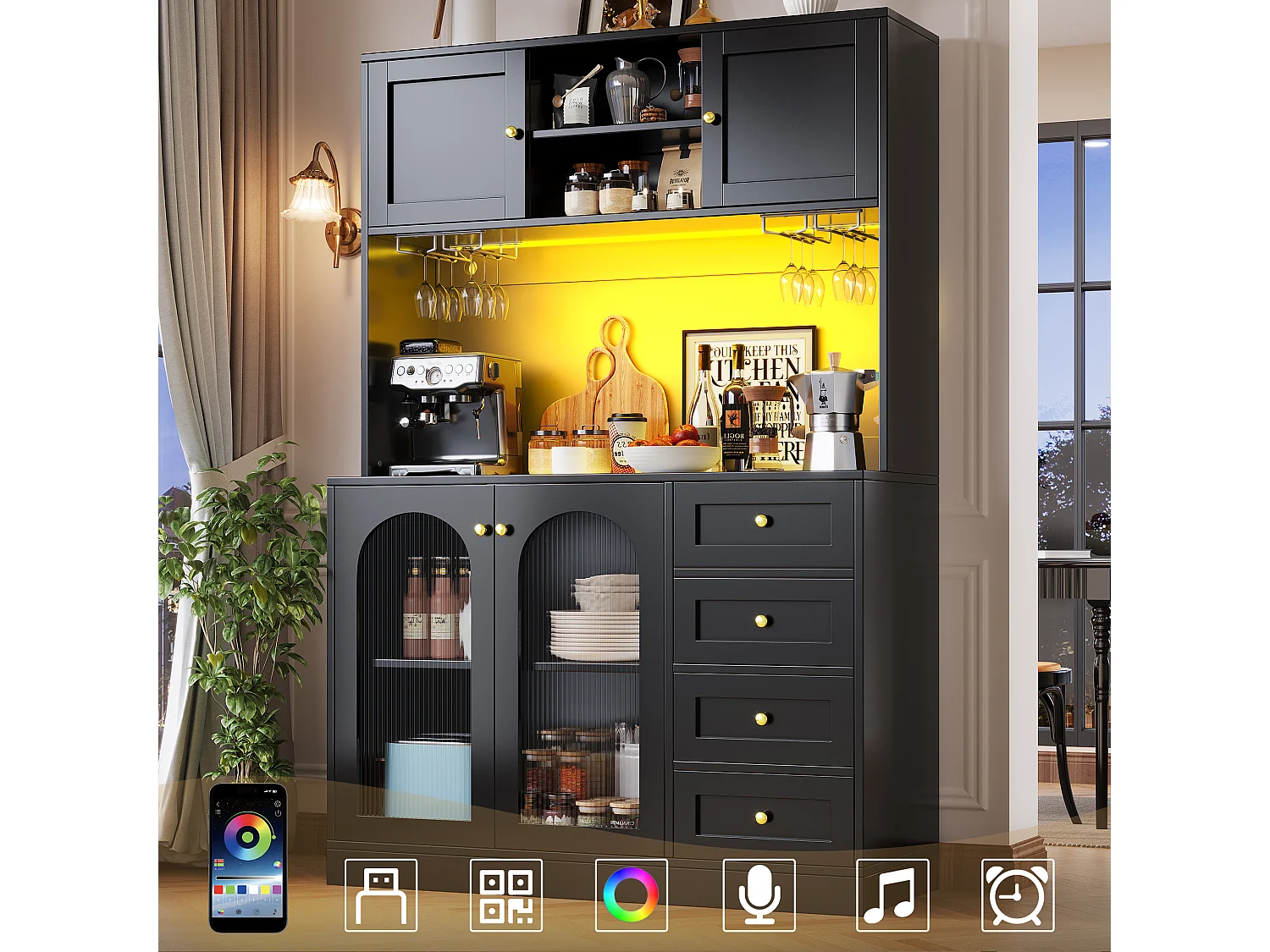 Kredens kuchenny w stylu rustykalnym - 120 x 40 x 188 cm - z 4 drzwiami + oświetlenie LED + półki + szuflady - płyta MDF - czarny 4869174 - obrazek 1