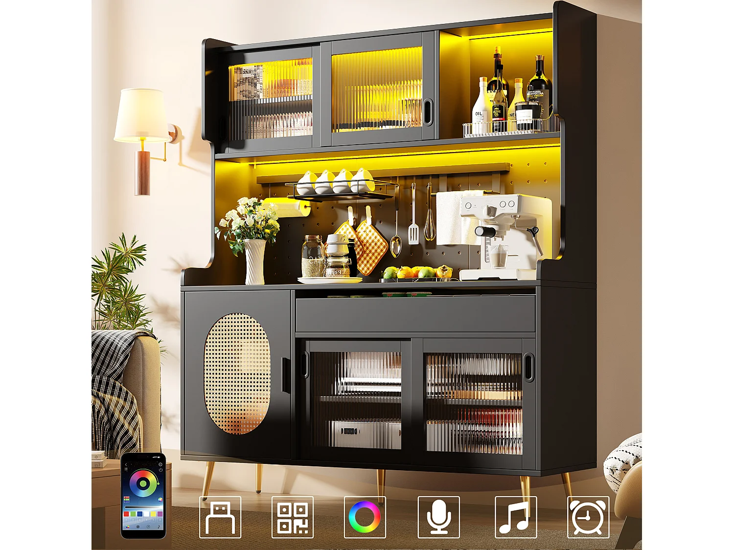 Kredens kuchenny w stylu rustykalnym - 145 x 39 x 171 cm - z 5 drzwiami + diody LED + panel do przechowywania + szuflada - MDF - czarny 4869177 - obrazek 1