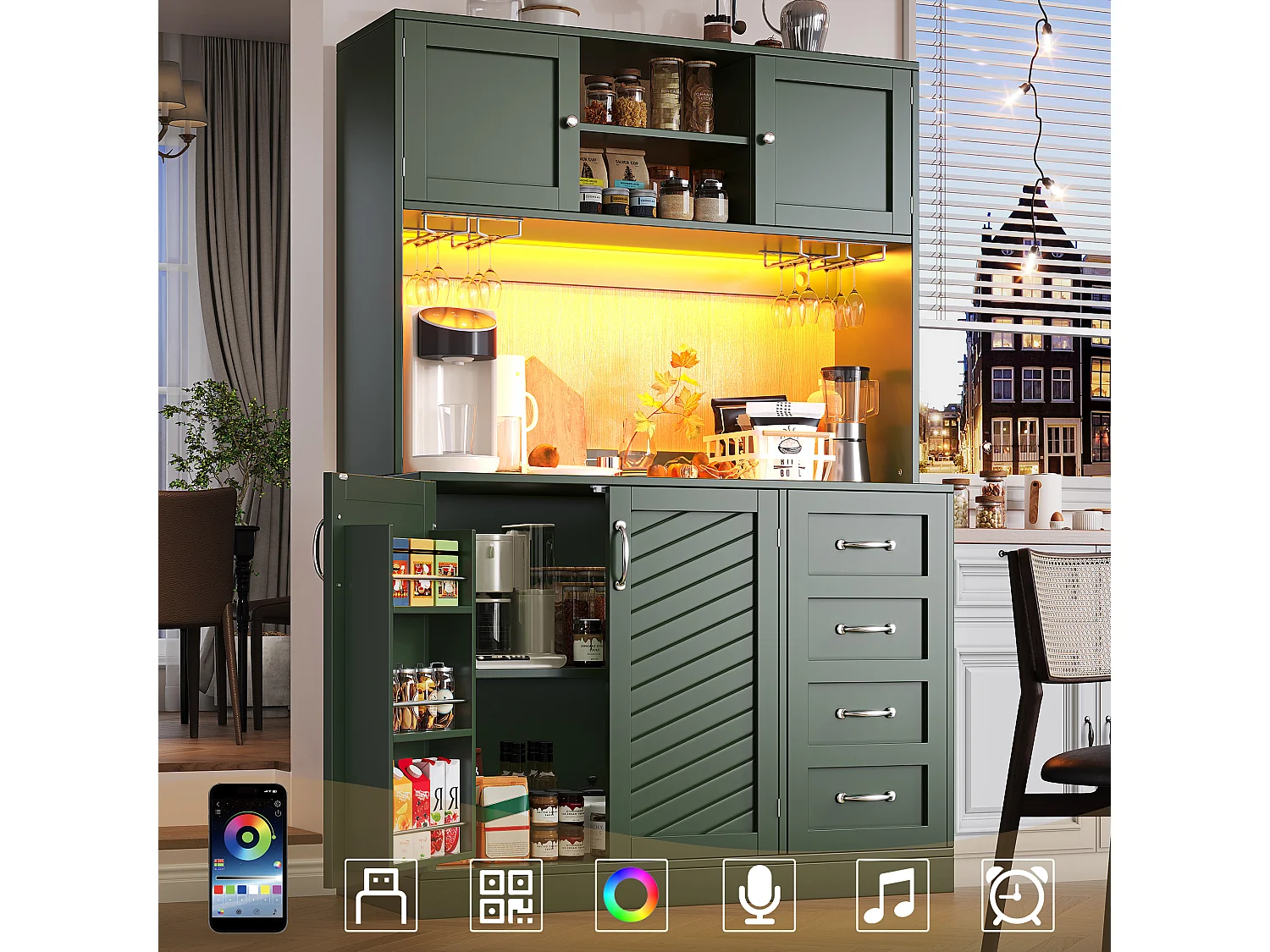 Kredens kuchenny - 120 x 40 x 188 cm - 4 drzwi + oświetlenie LED + uchwyty na kubki + szuflady + półka na przekąski - MDF - zielony 4869182 - obrazek 1